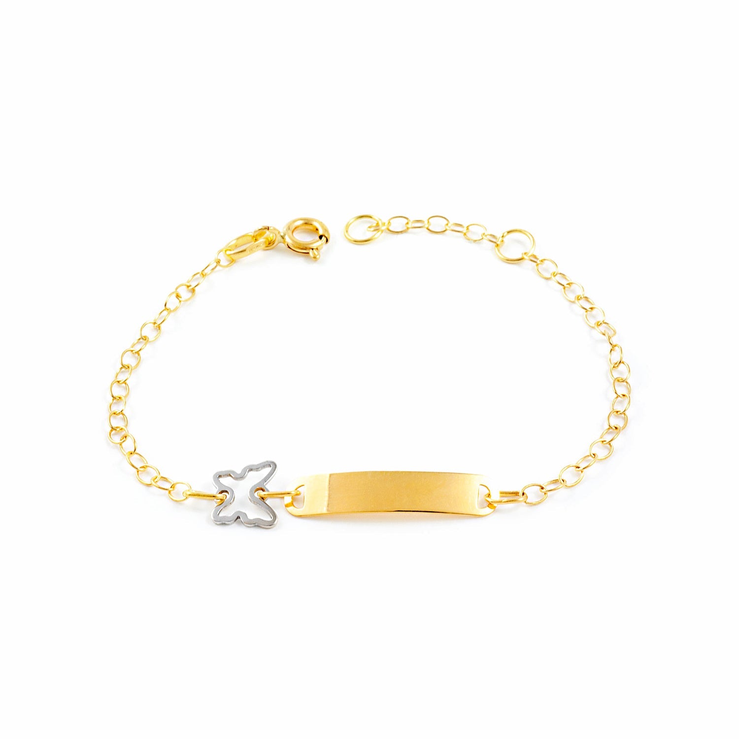 Pulsera Niña Oro Bicolor 18K Personalizada Esclava Mariposa Brillo y Textura 14 cm