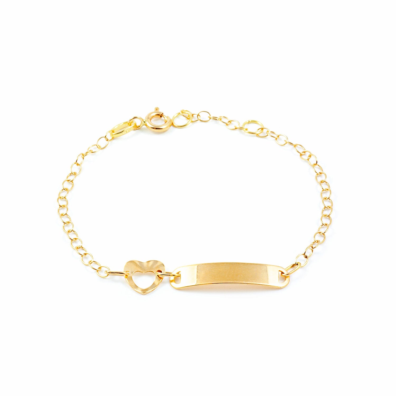 Pulsera Niña Oro Amarillo 18K Personalizada Esclava Corazón Brillo y Textura 14 cm