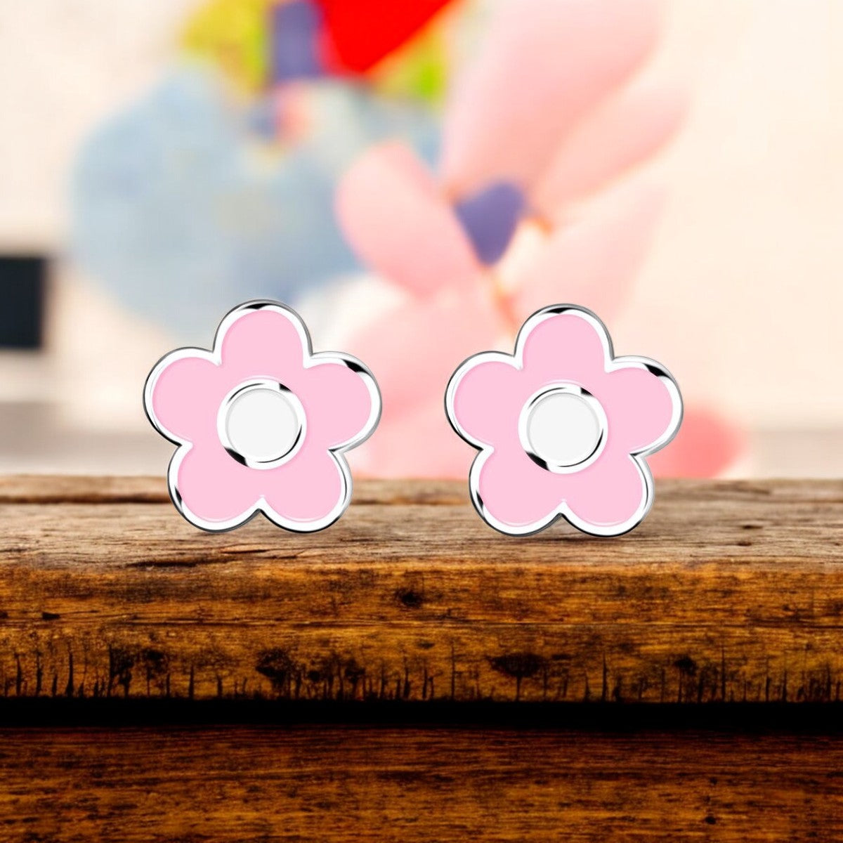Pendientes Plata de Ley 925 Flor Margarita Blanco-Rosa Brillo