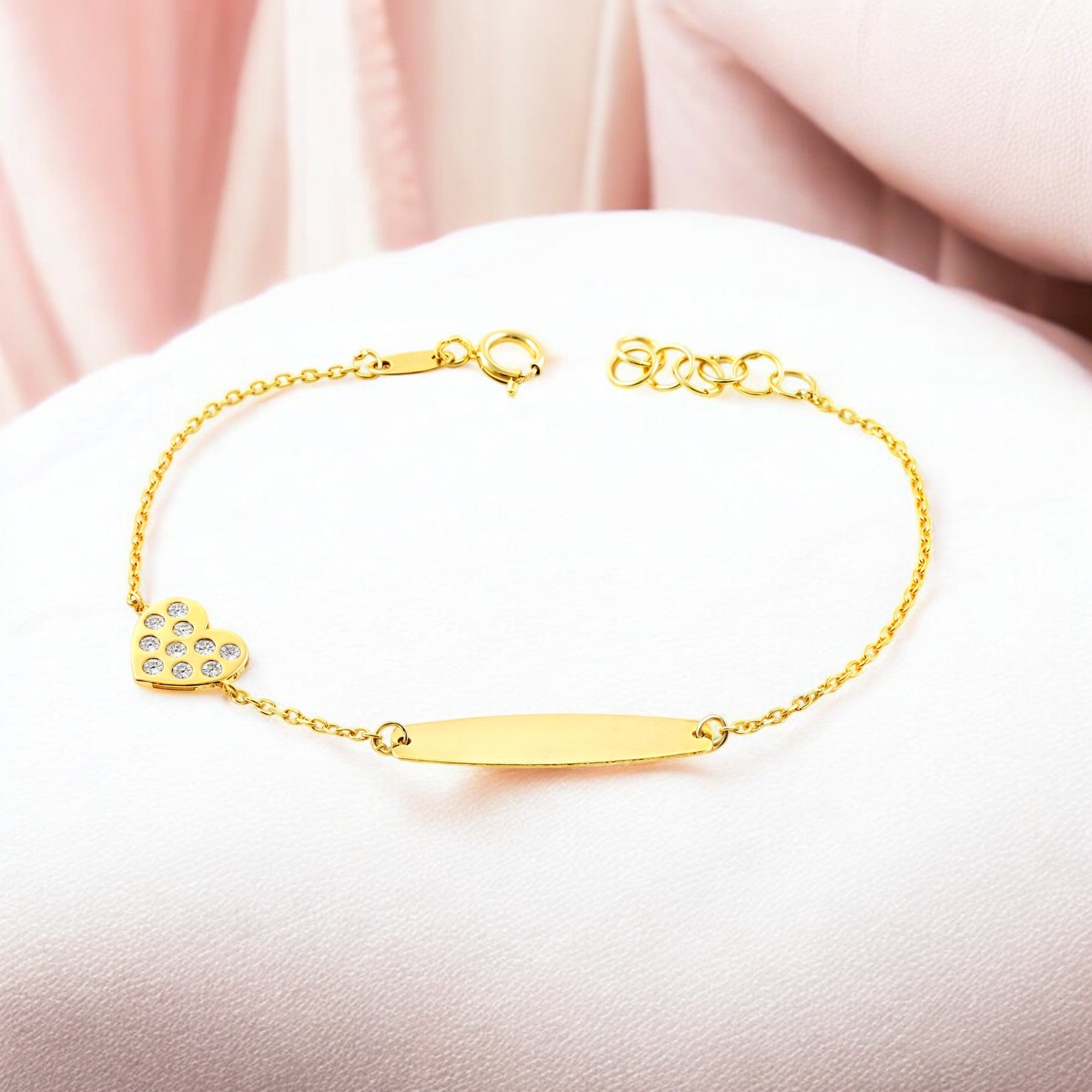 Pulsera Niña Oro Amarillo 9K Personalizada Esclava Corazón Circonita Brillo 14 cm