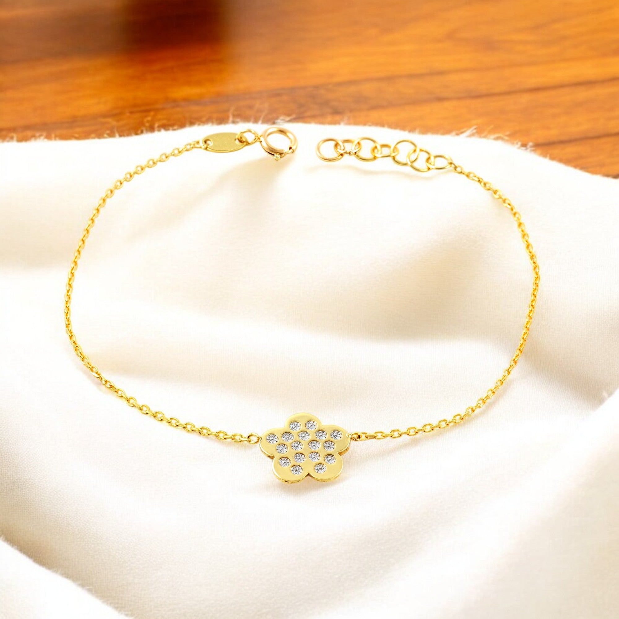 Pulsera Mujer Oro Amarillo 9K Flor Margarita Circonita Brillo 17 cm