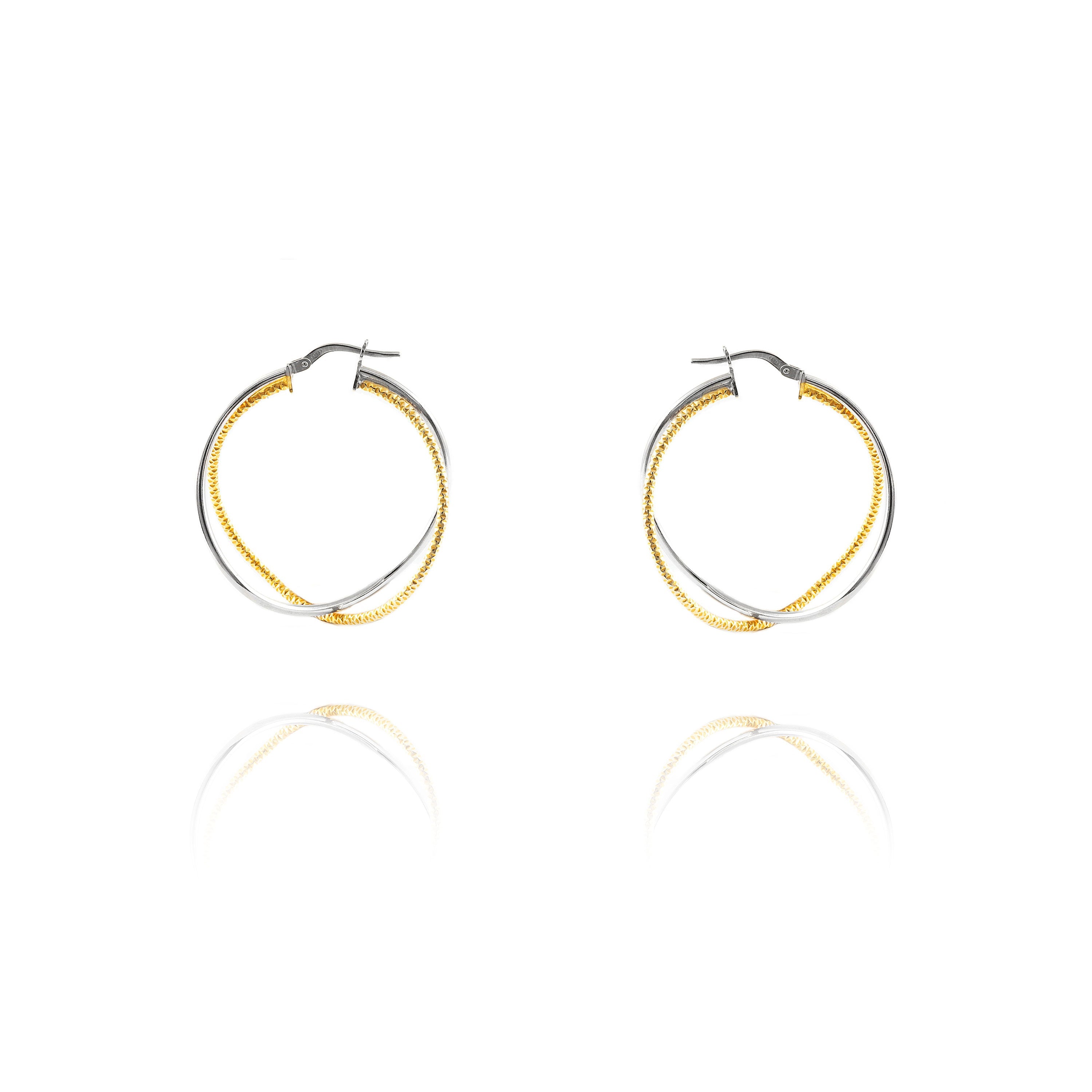 Pendientes Plata de Ley Bicolor Aros Redondo Dobles Brillo y Textura 37 x 15 mm