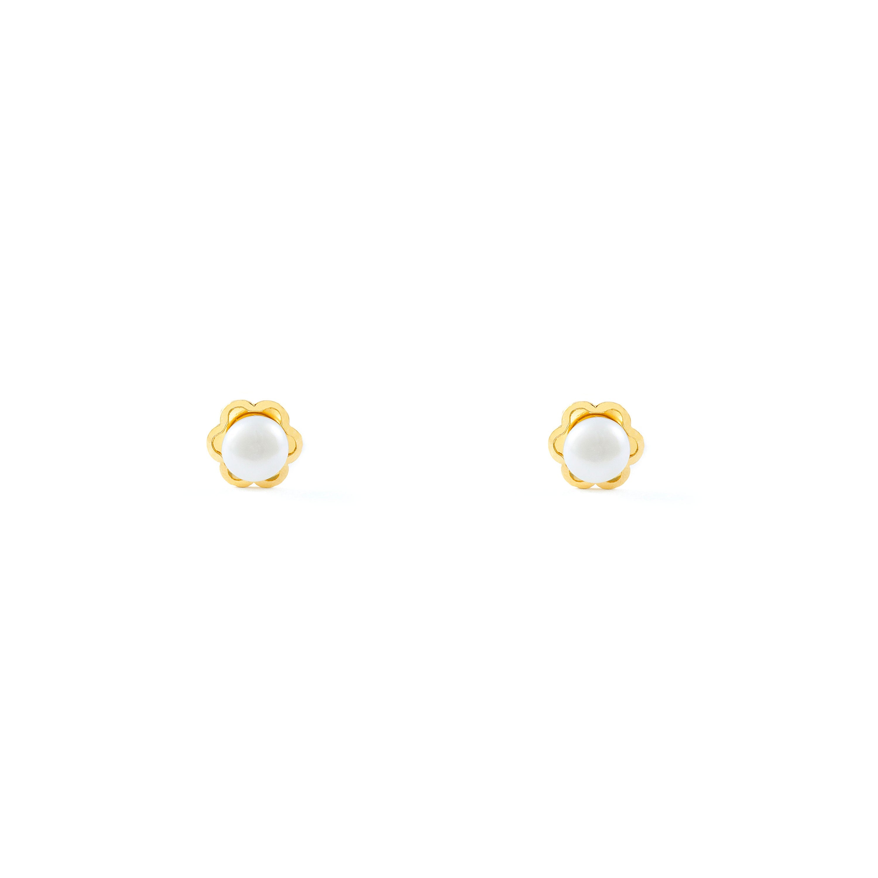 Pendientes Bebe-Niña Oro Amarillo 18K Perla Botón 3 mm Flor Brillo