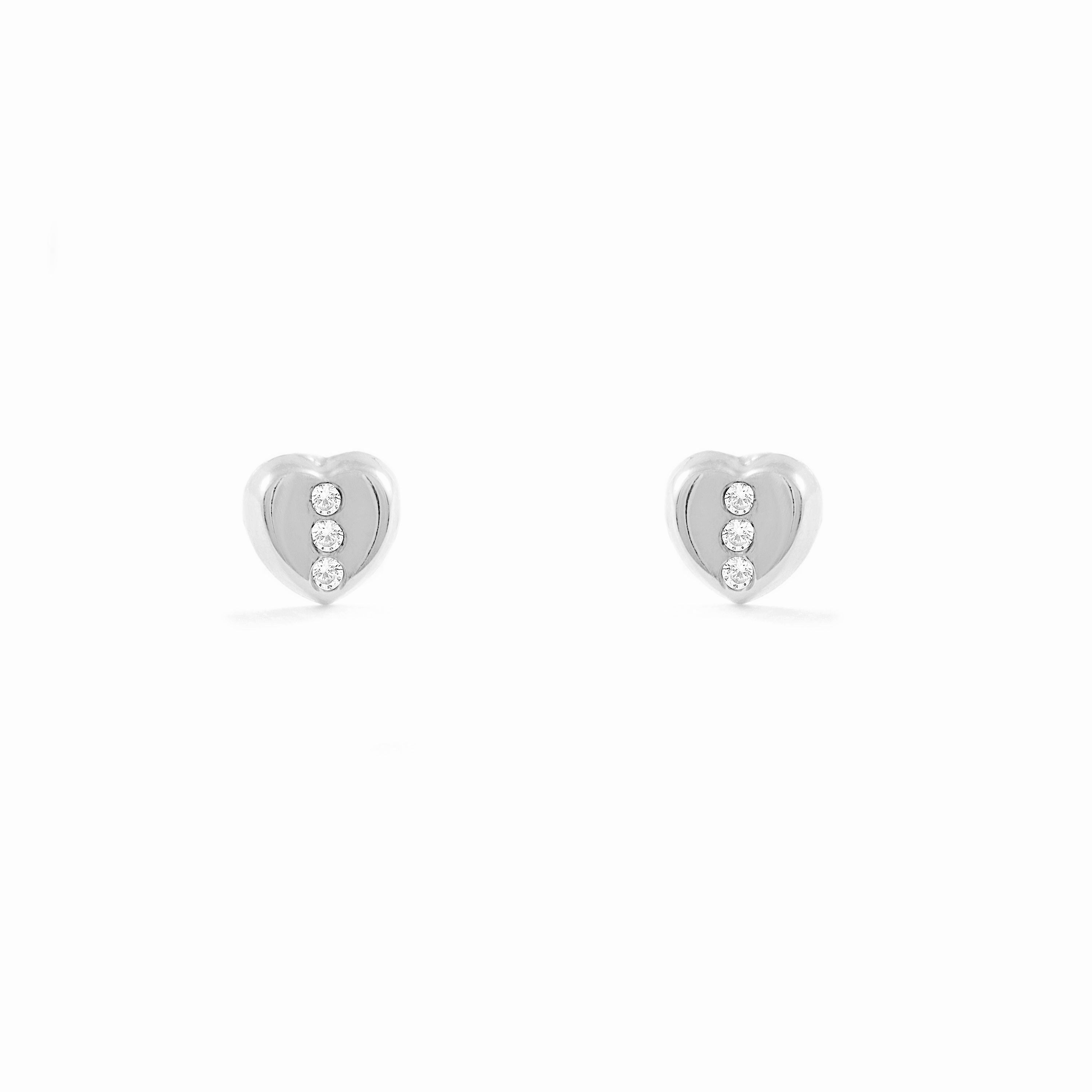 Pendientes Bebe-Niña Oro Blanco 18K Corazón Circonita Brillo