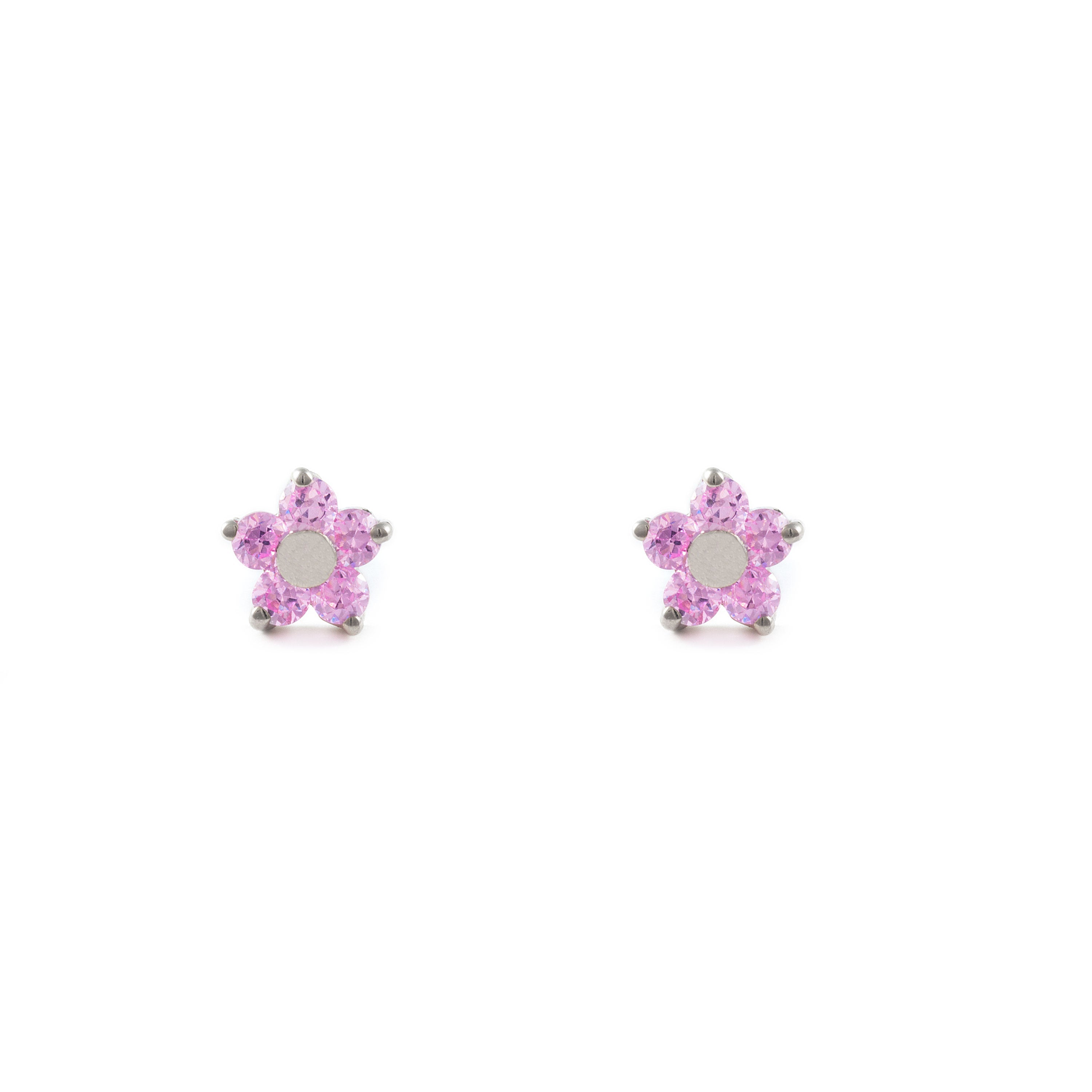 Pendientes Mujer-Niña Oro Blanco 9K Flor Margarita Rosa Brillo