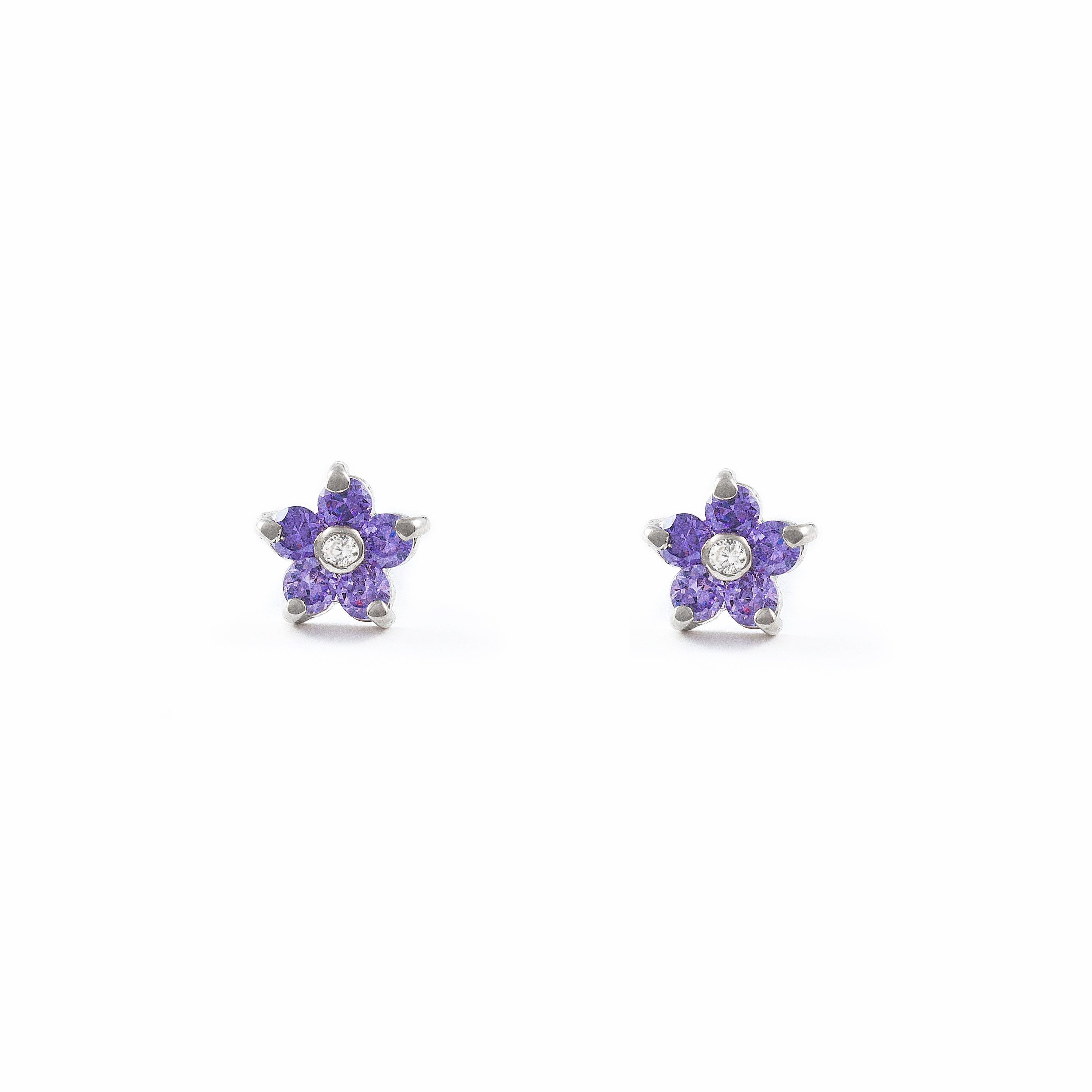Pendientes Mujer-Niña Oro Blanco 9K Flor Margarita Amatista Brillo