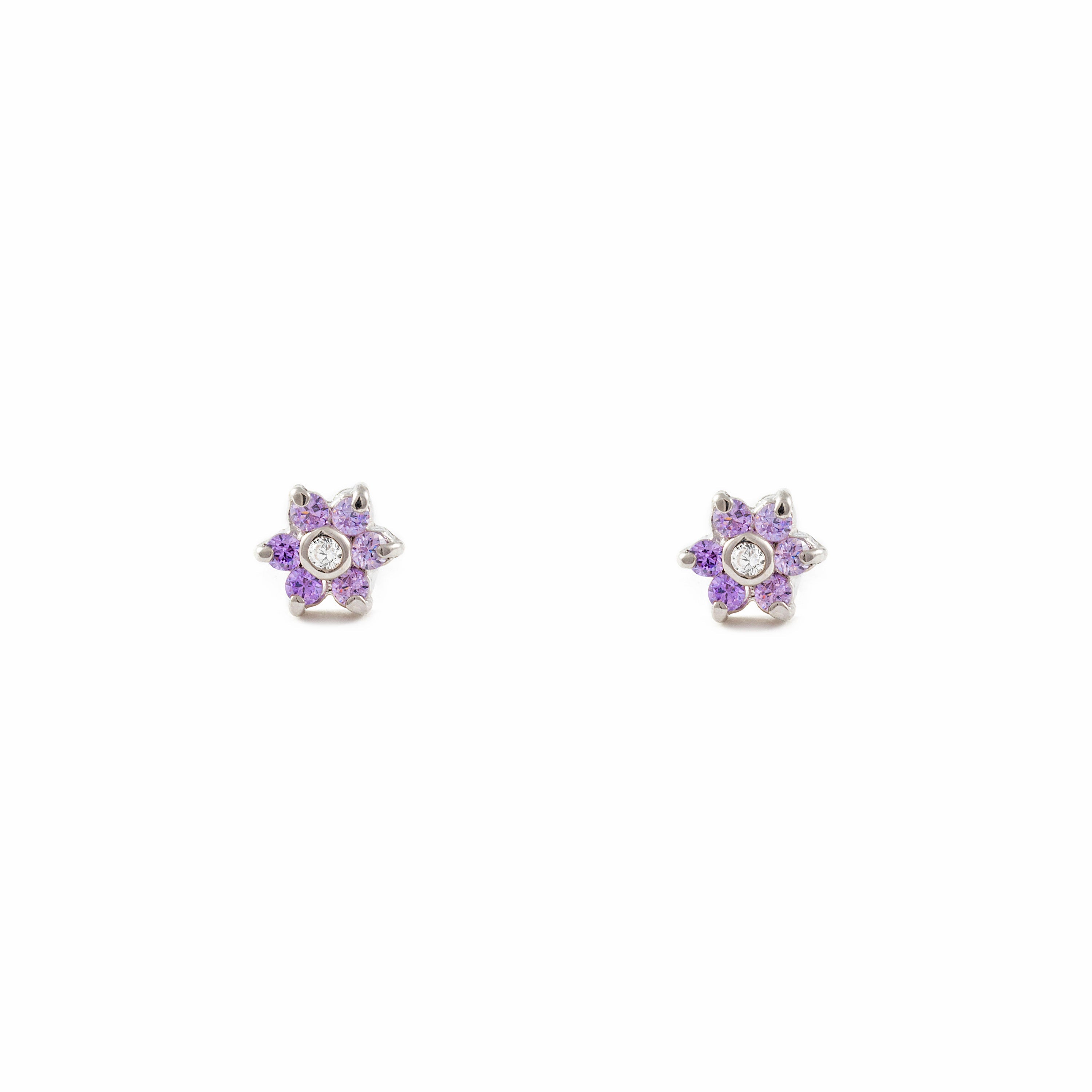 Pendientes Bebe-Niña Oro Blanco 9K Flor Margarita Amatista Brillo