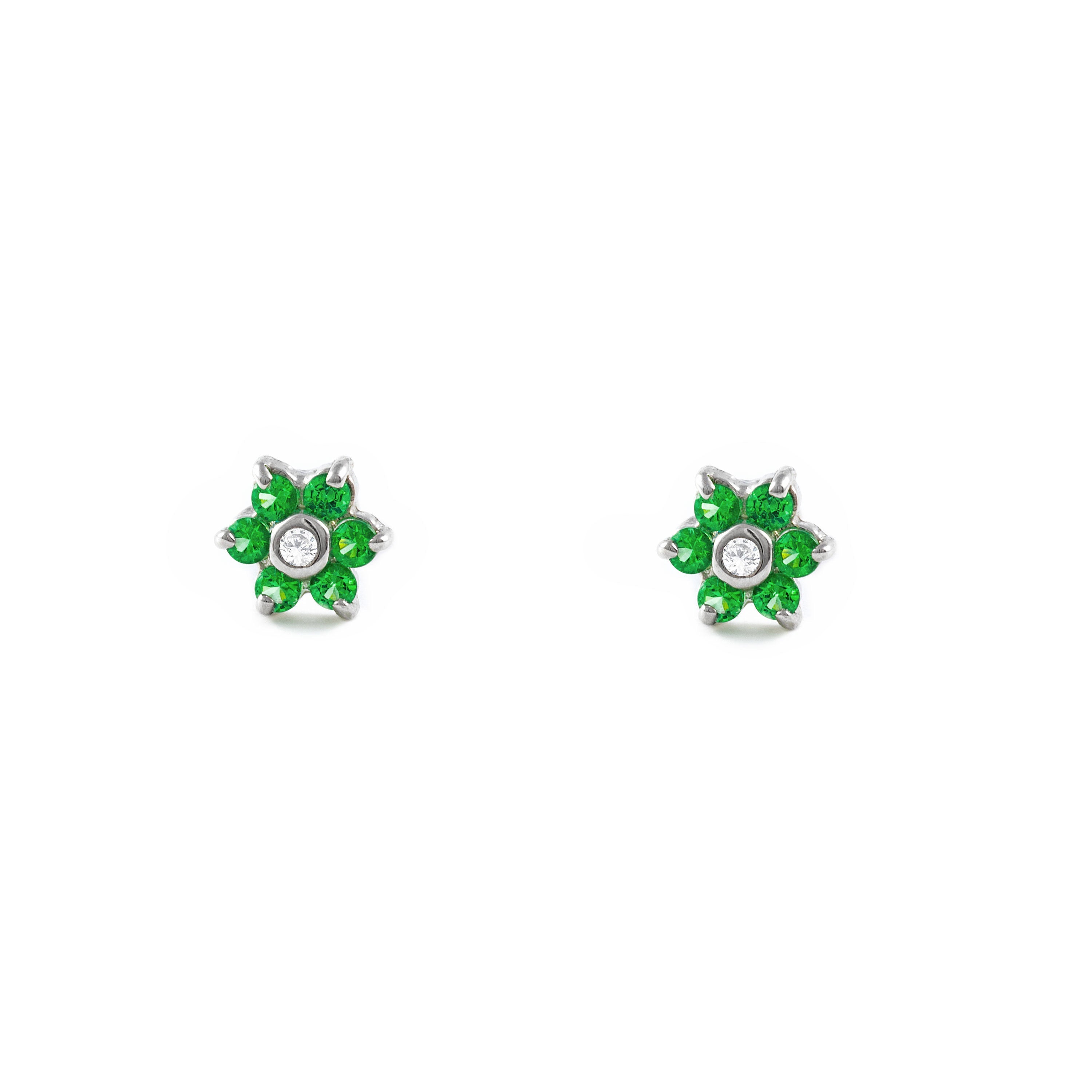 Pendientes Bebe-Niña Oro Blanco 9K Flor Margarita Verde Brillo