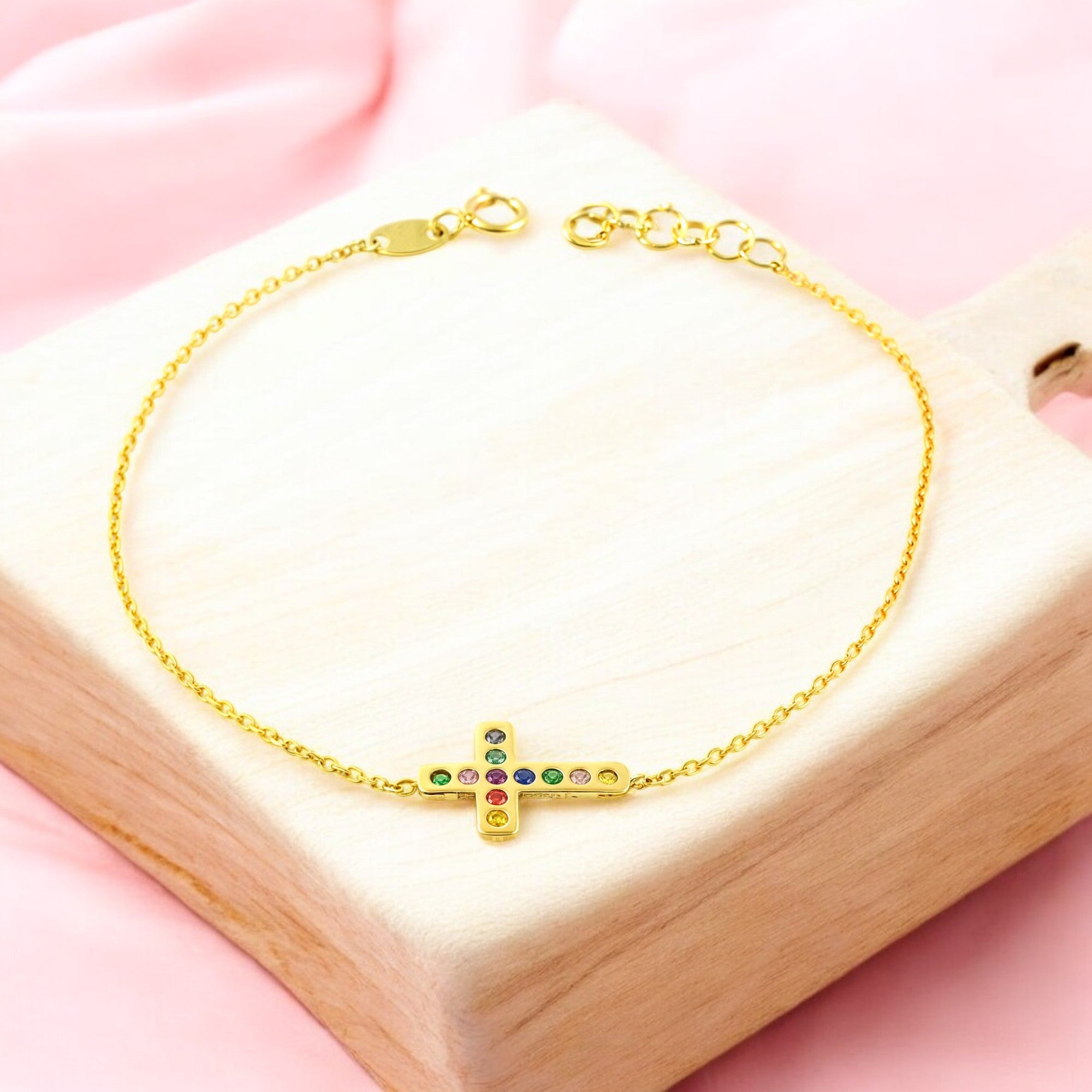 Pulsera Mujer Oro Amarillo 9K Cruz horizontal Circonita Color Brillo 17 cm