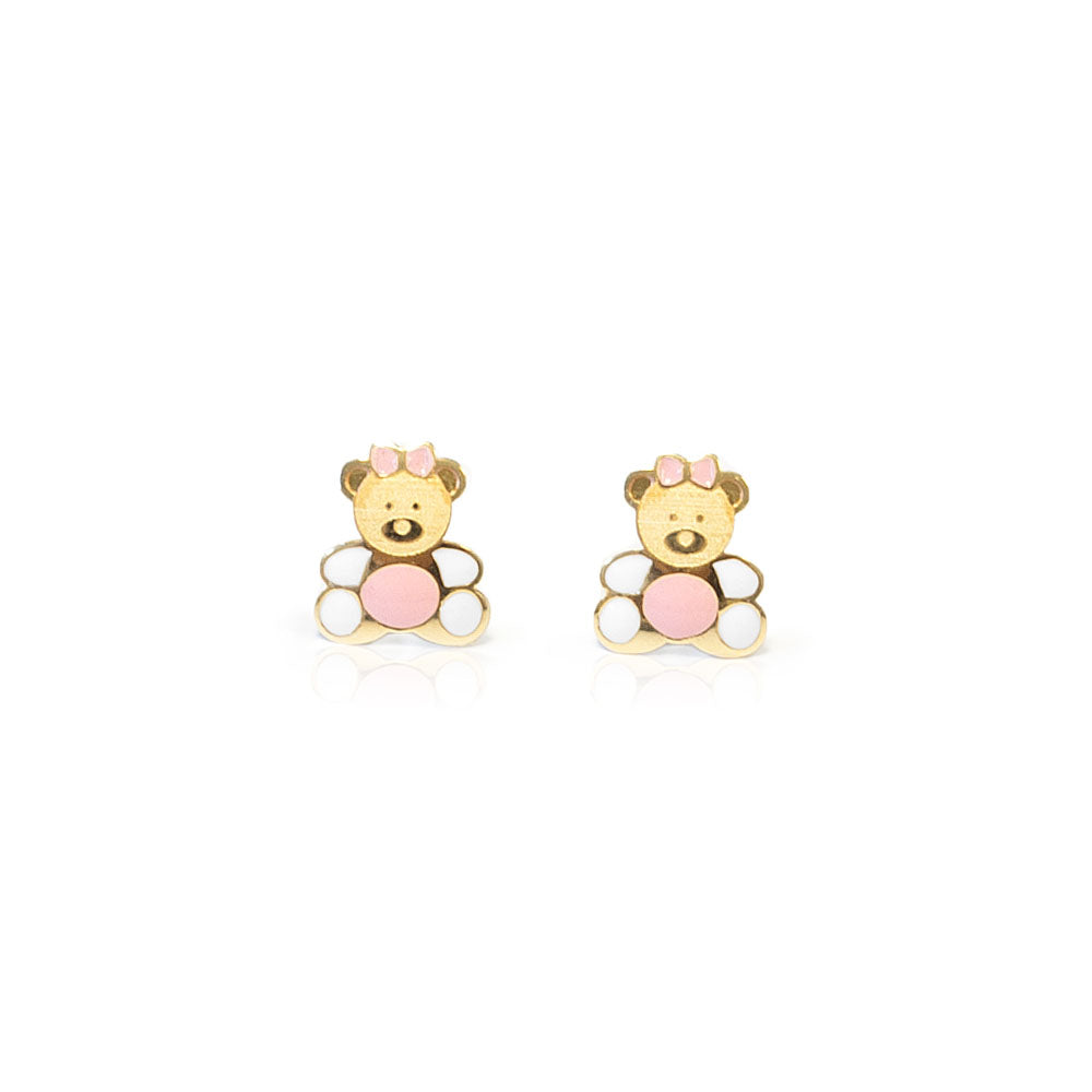 Pendientes Niña Oro Amarillo 18K Oso Esmalte Rosa-Blanco Brillo