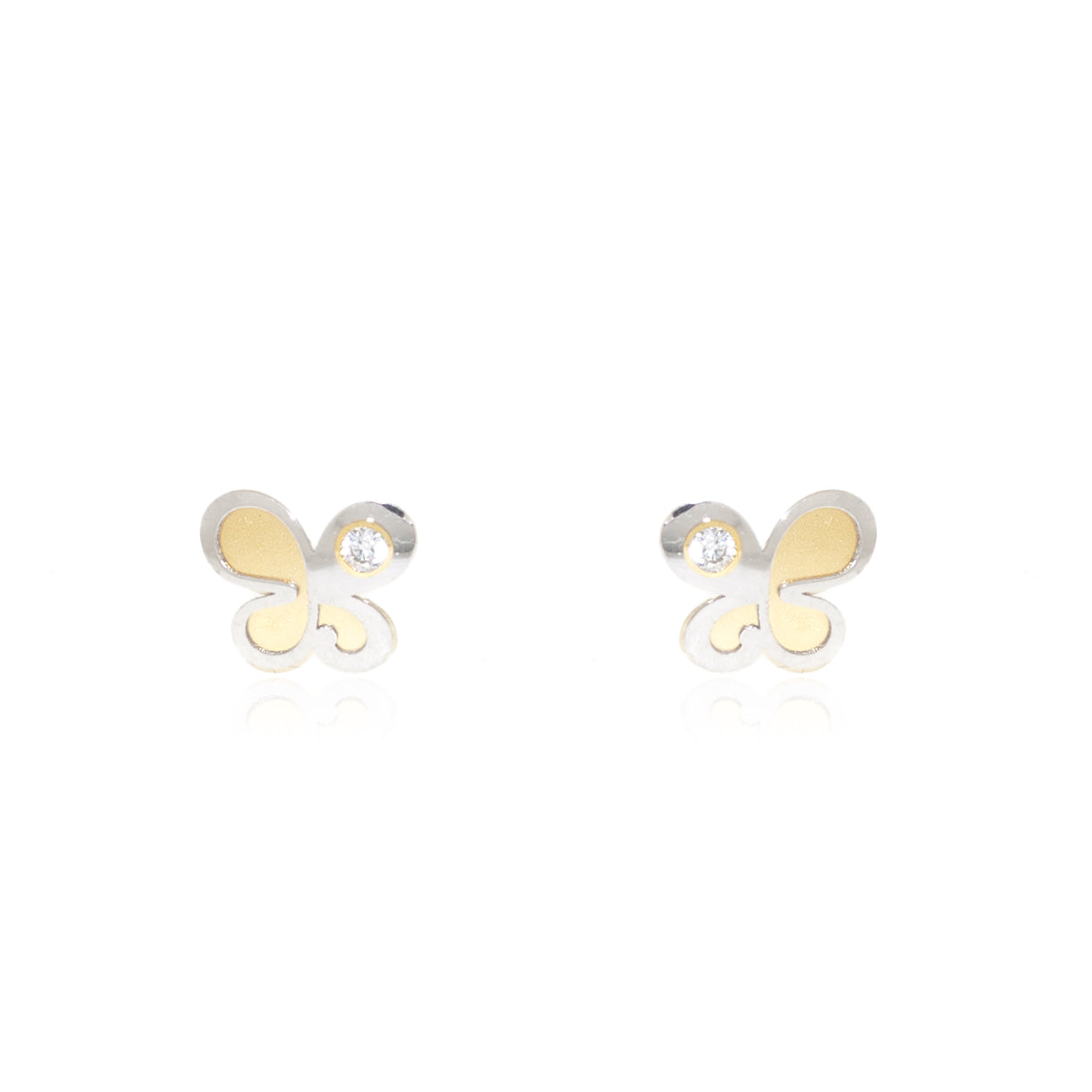 Pendientes Niña Oro Bicolor 18K Mariposa Circonita Mate y Brillo