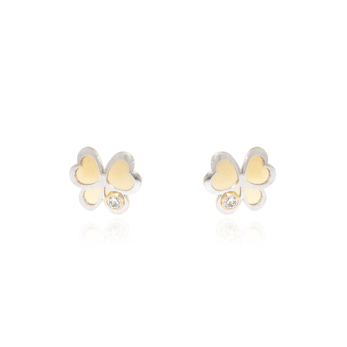 Pendientes Niña Oro Bicolor 18K Mariposa Circonita Mate y Brillo