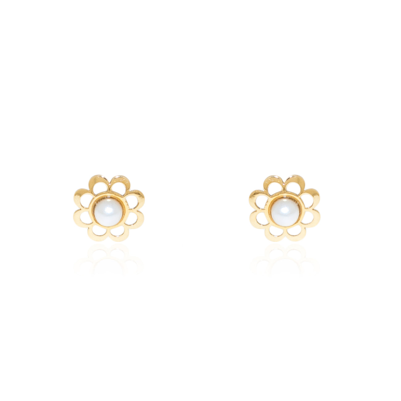 Pendientes Bebe Oro Amarillo 18K Perla Redonda 2 mm Flor Brillo