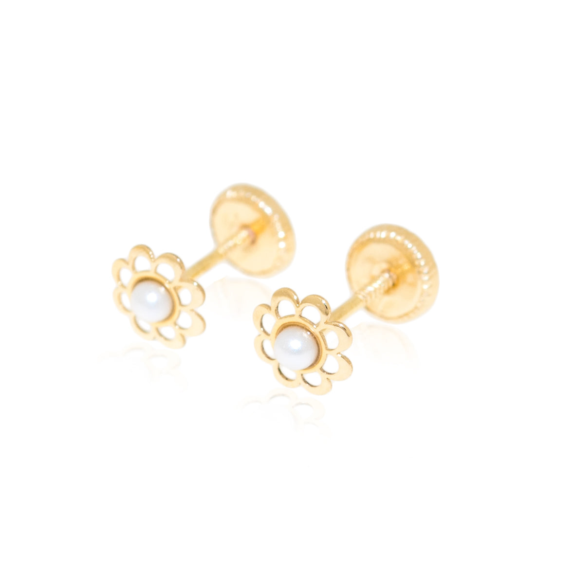 Pendientes Bebe o Niña Flor Calada con Perla redonda