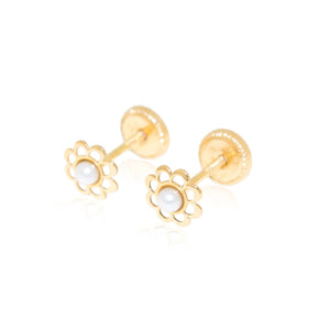 Pendientes Bebe o Niña Flor Calada con Perla redonda