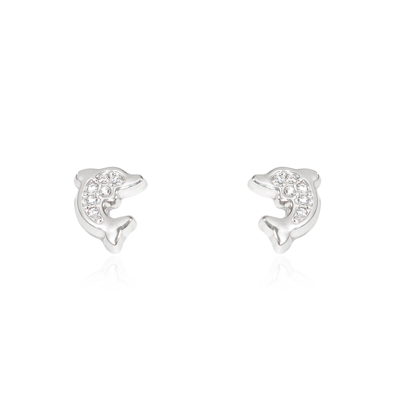 Pendientes Niña Oro Blanco 18K Delfín Circonitas Brillo