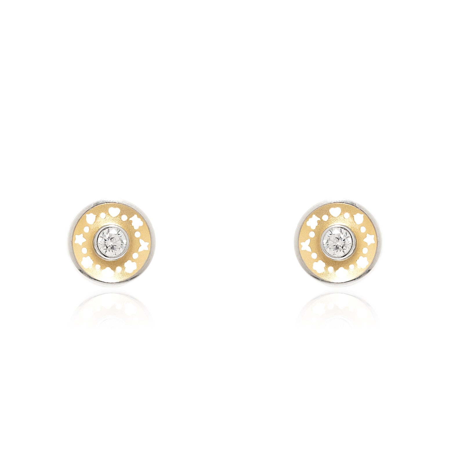 Pendientes Niña Oro Bicolor 18K Redondo Circonita Mate y Brillo