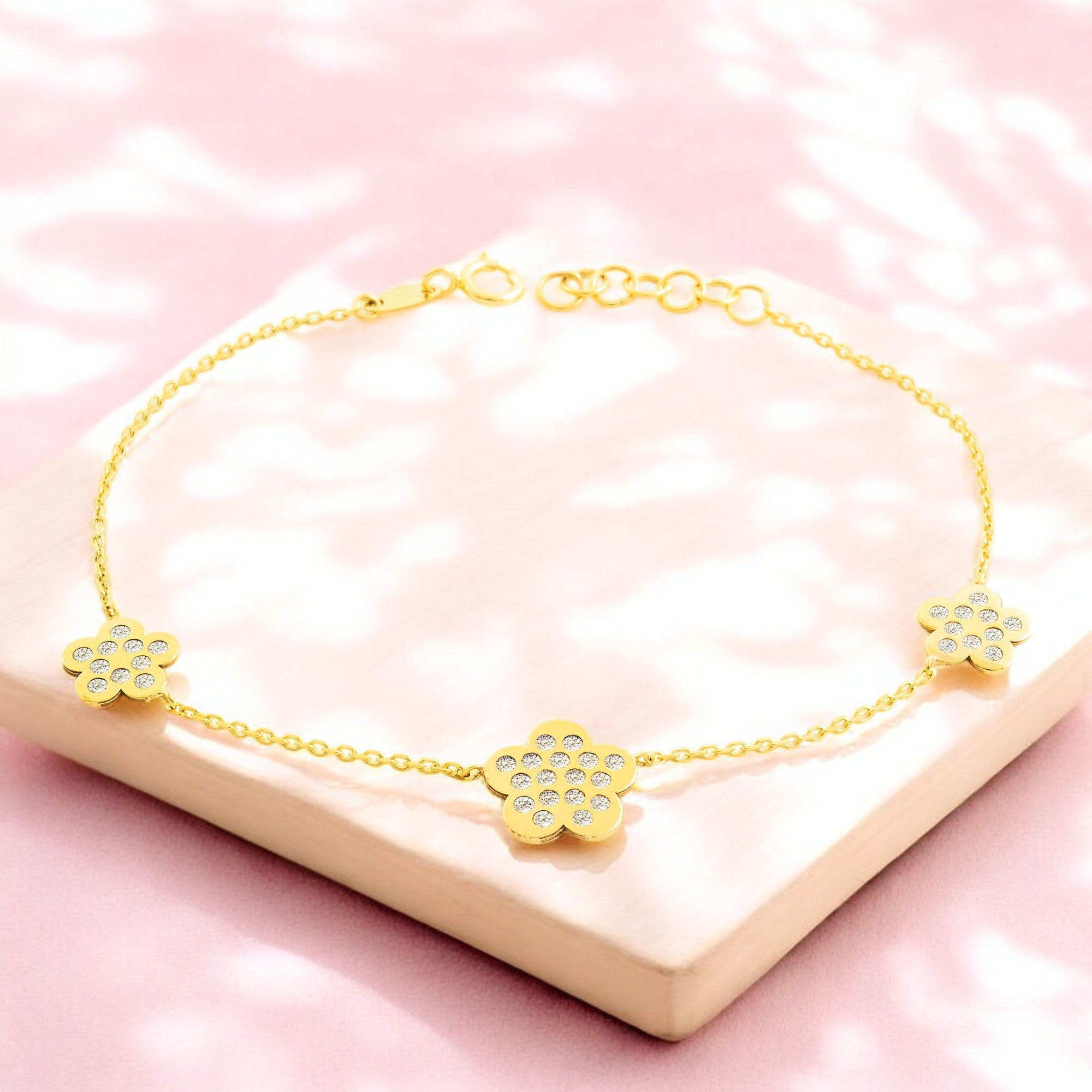 Women's-Girls 9K Yellow Gold Daisy Flower Zirconia Shine Bracelet 18 cm