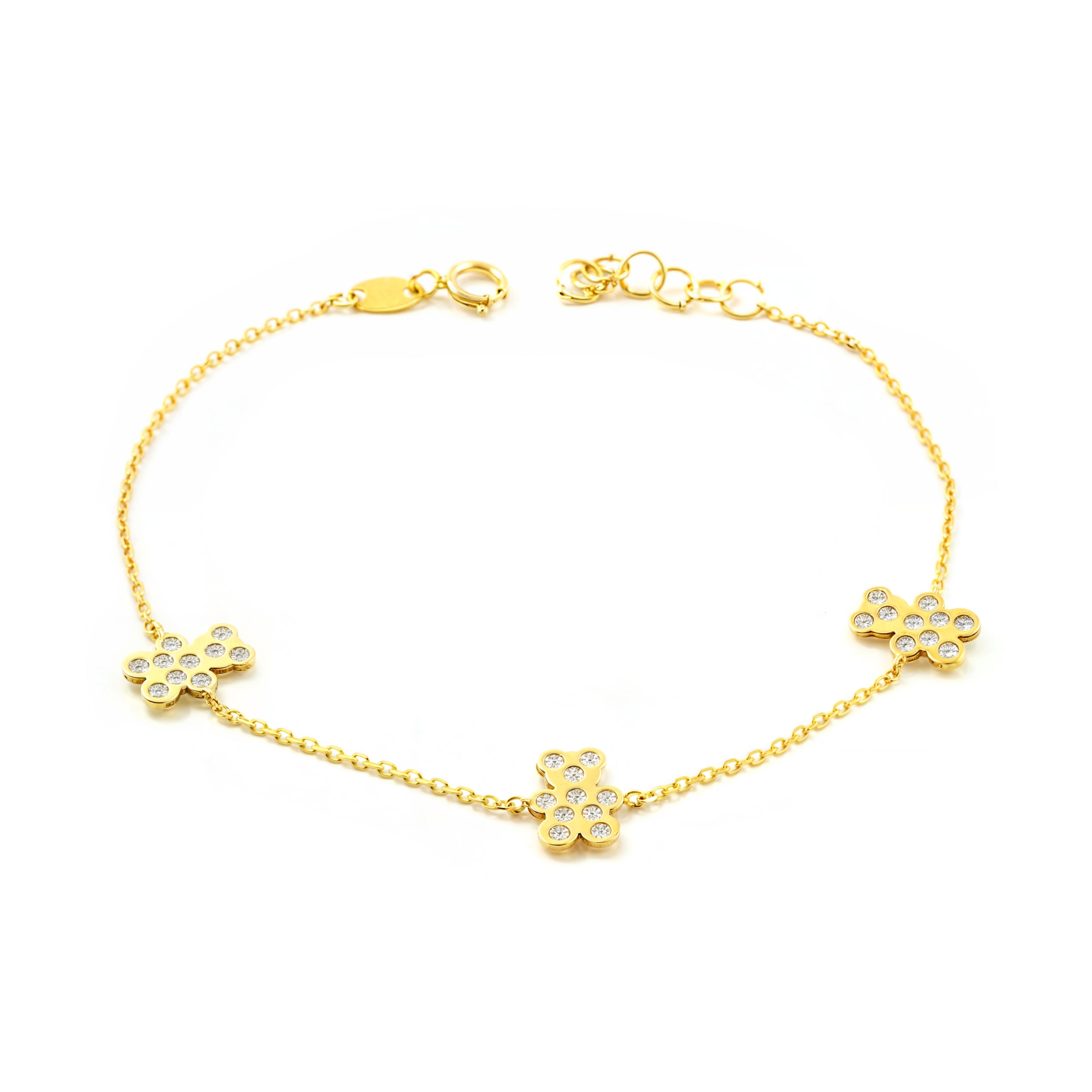 Women's-Girls 9K Yellow Gold Bracelet with Shiny Zirconia Bears, 18 cm