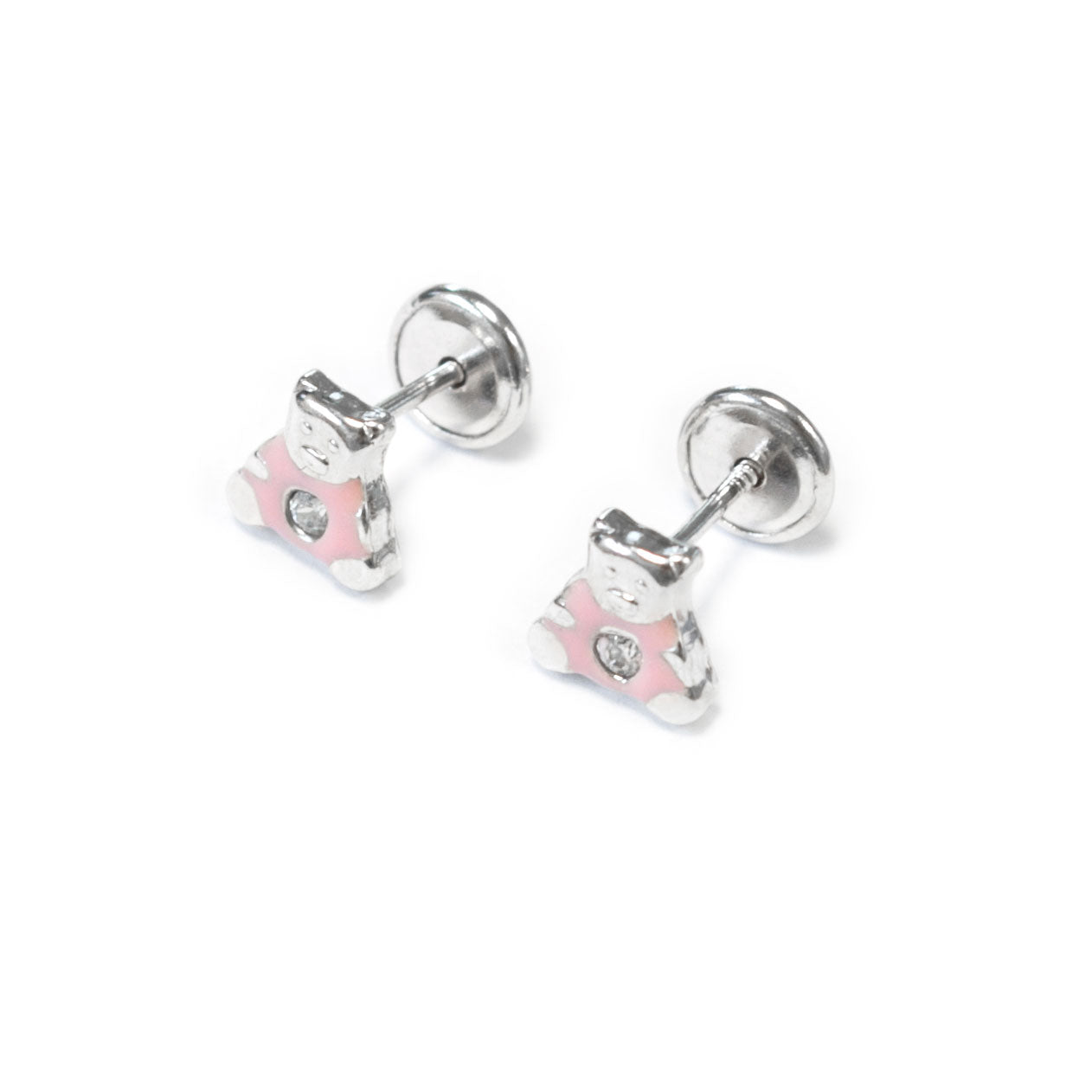 Pendientes Plata de Ley Oso Esmalte Rosa Circonita Brillo