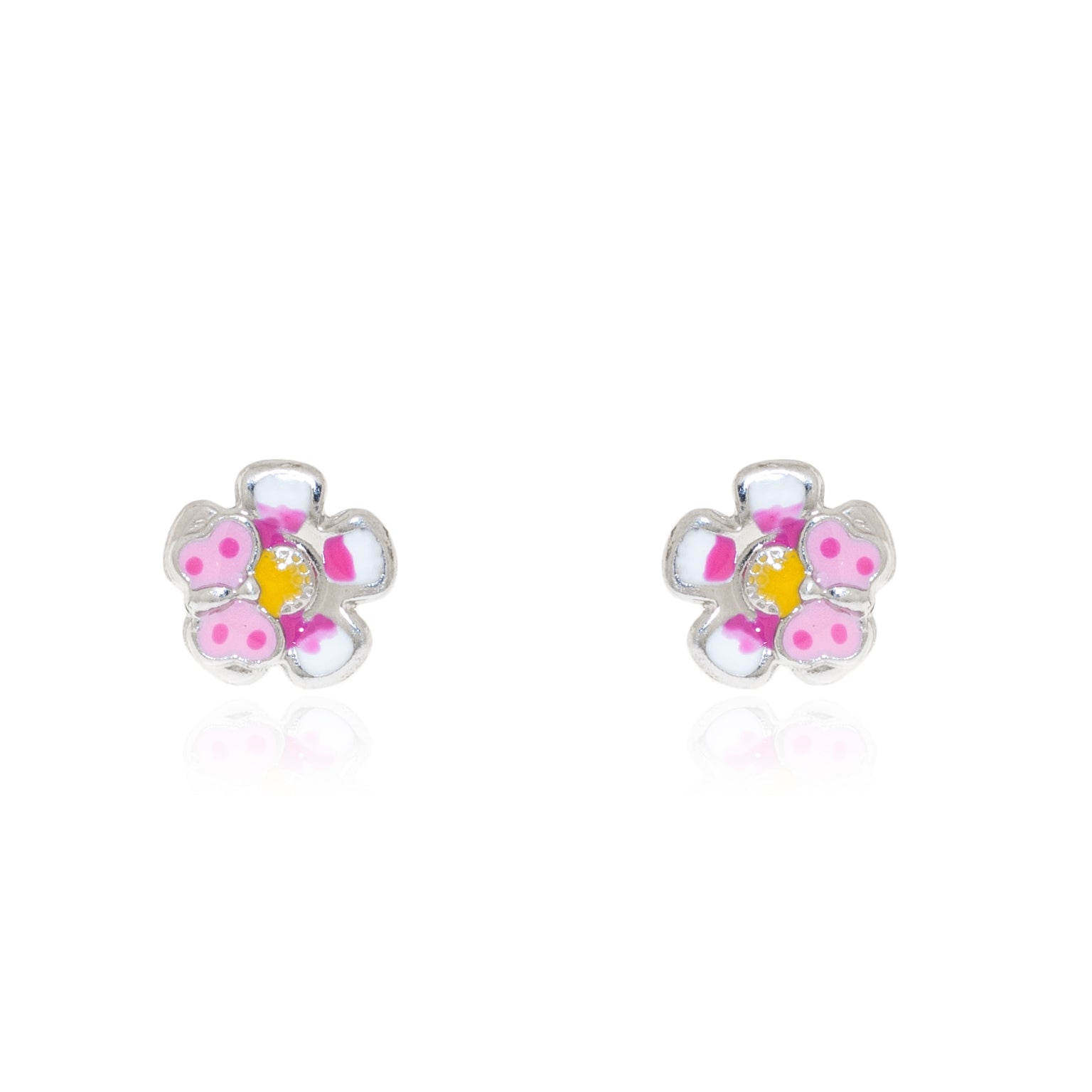 Sterling Silver Shiny Pink Enamel Flower Earrings