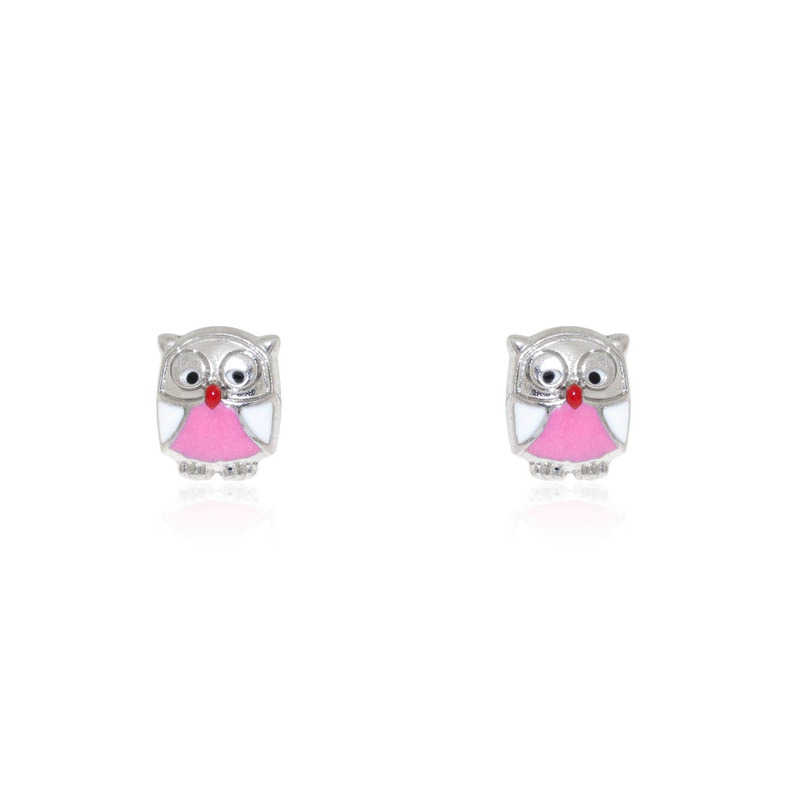 Shiny Pink Enamel Owl Sterling Silver Earrings