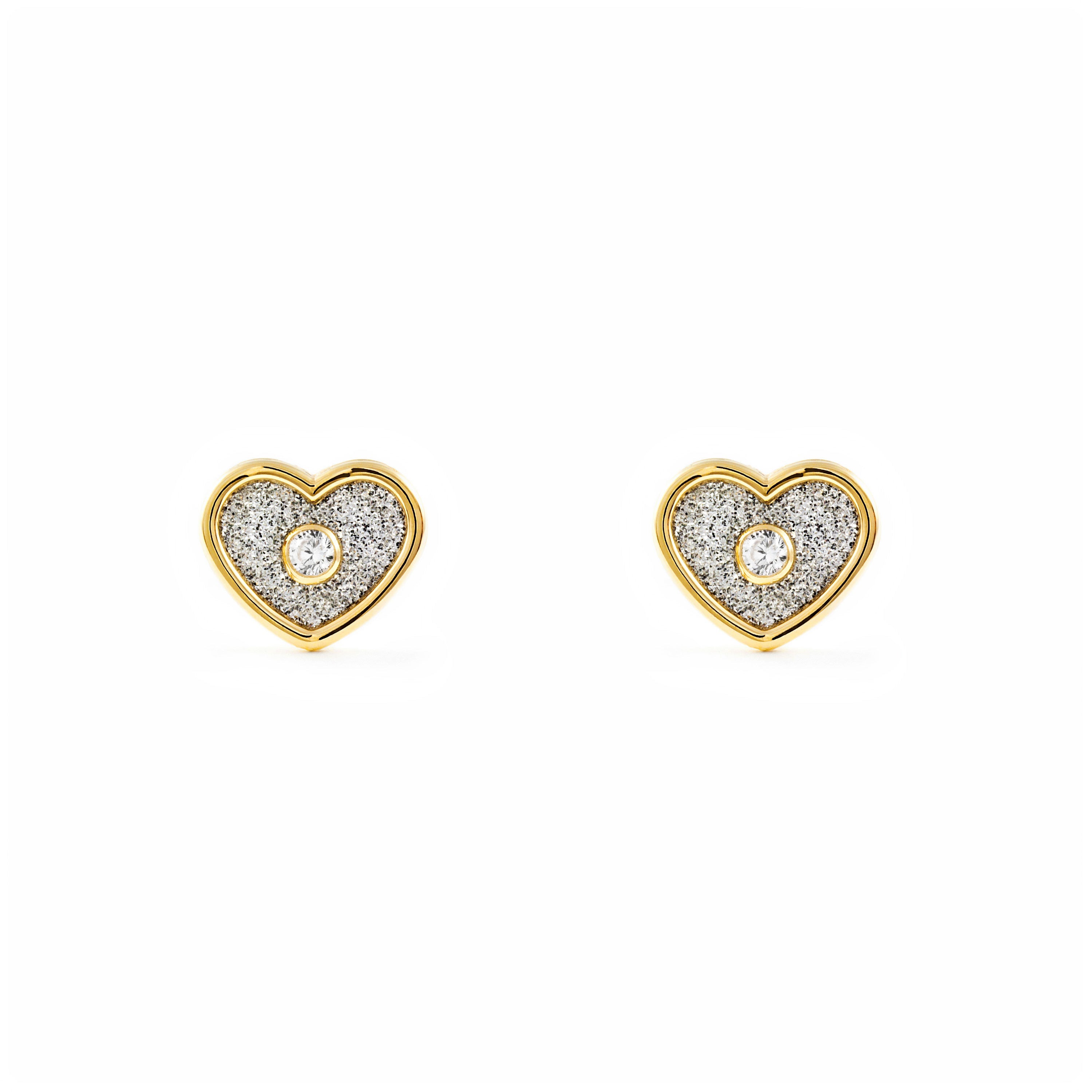 Pendientes Mujer-Niña Oro Amarillo 9K Corazón Circonita Brillo y Textura