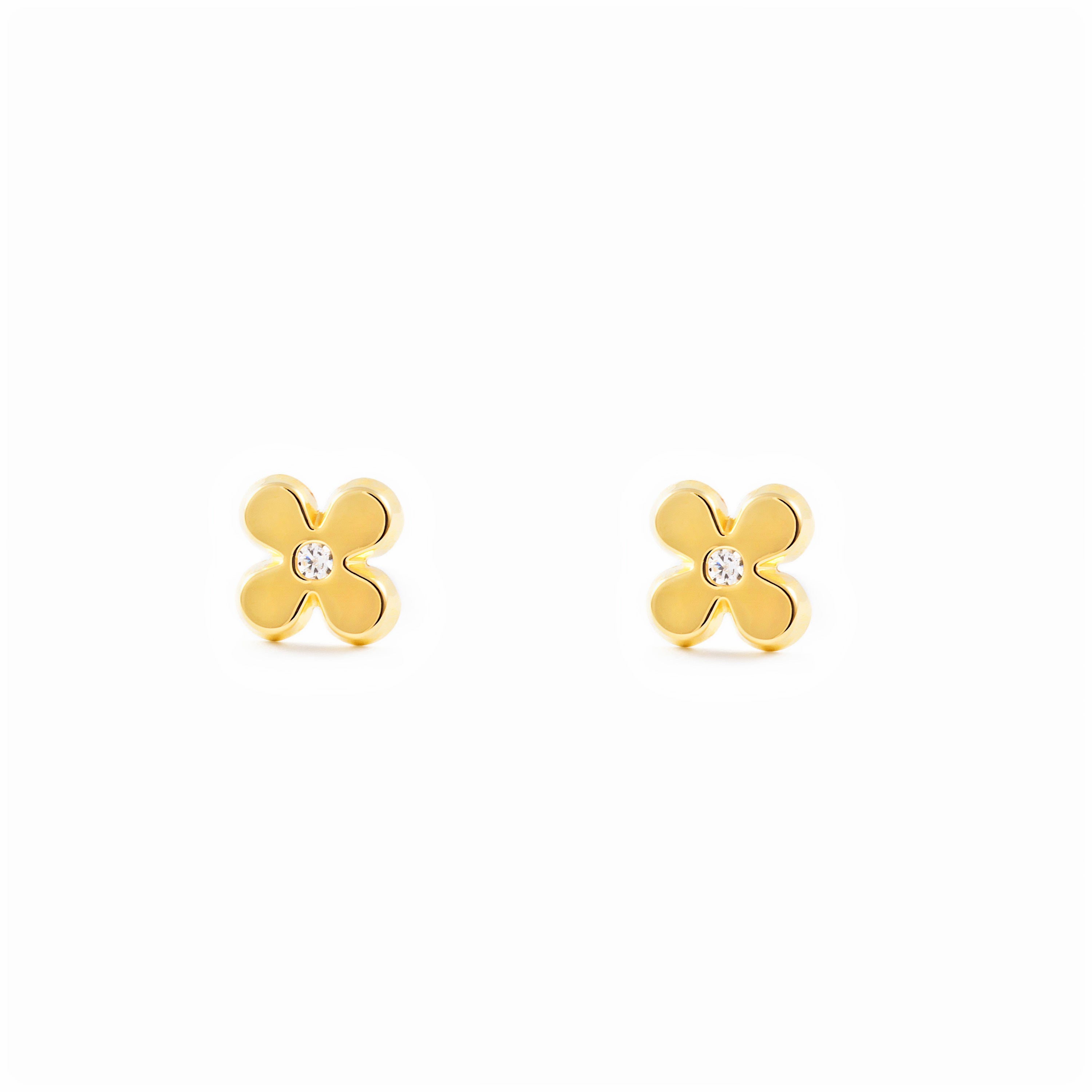 Girl's Earrings 18K Yellow Gold Shiny Zirconia Flower