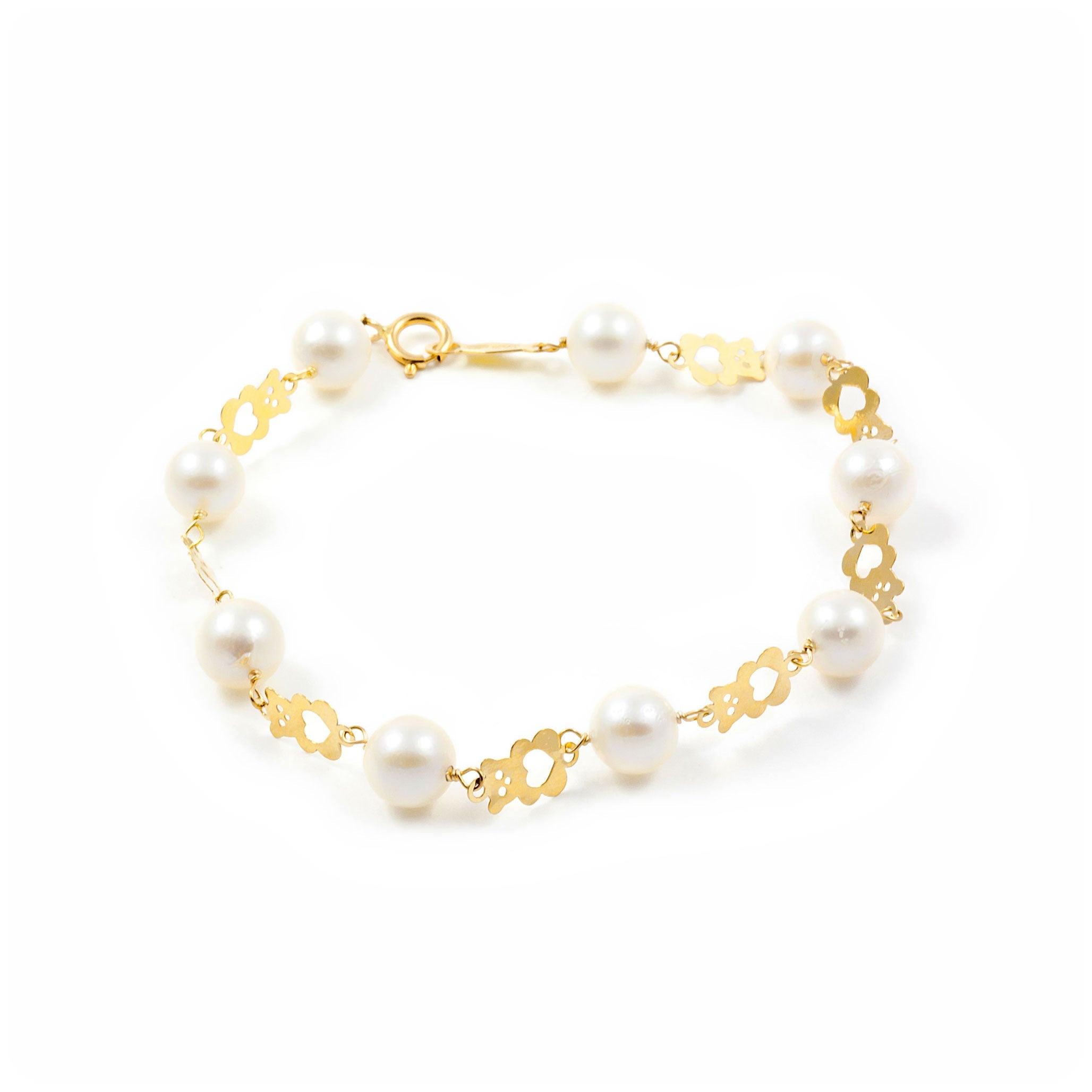 Pulsera Niña Oro Amarillo 18K Perla Redonda 6 mm Oso Brillo 16 cm