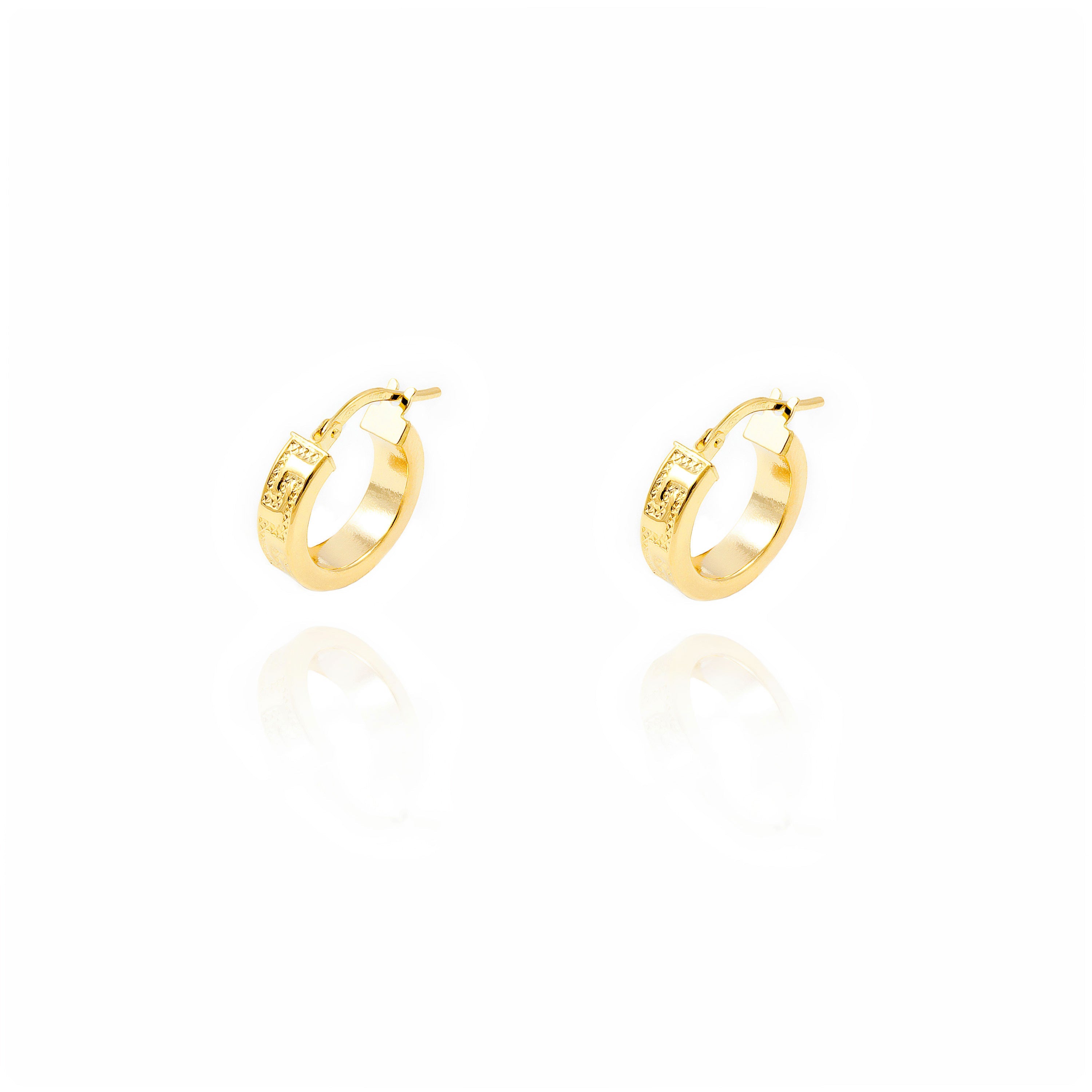 Pendientes Oro Amarillo 18K Aros Rectangular Greca 15 x 4 mm