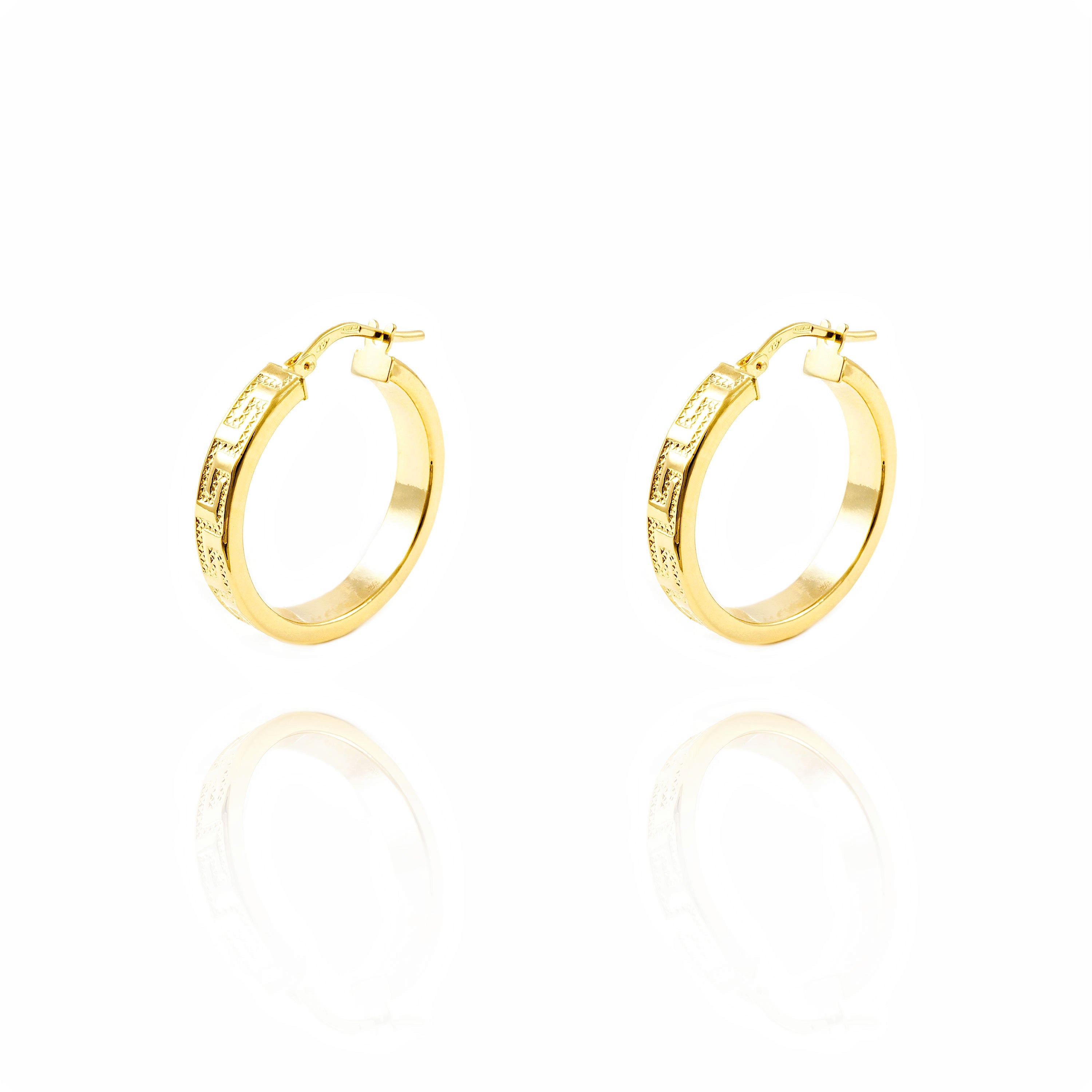 Pendientes Oro Amarillo 18K Aros Rectangular Greca 24 x 4 mm