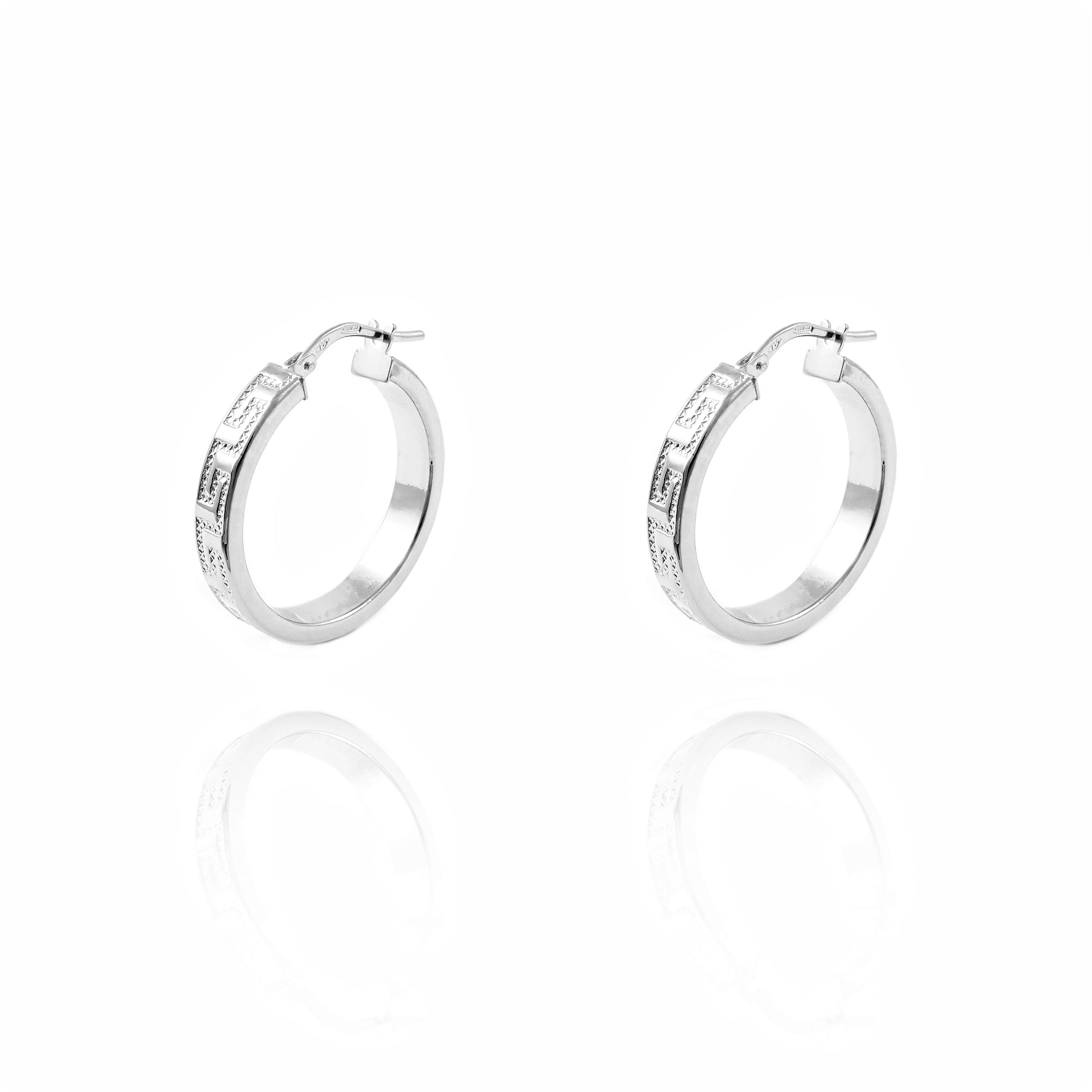 Pendientes Oro Blanco 18K Aros Rectangular Greca 24 x 4 mm