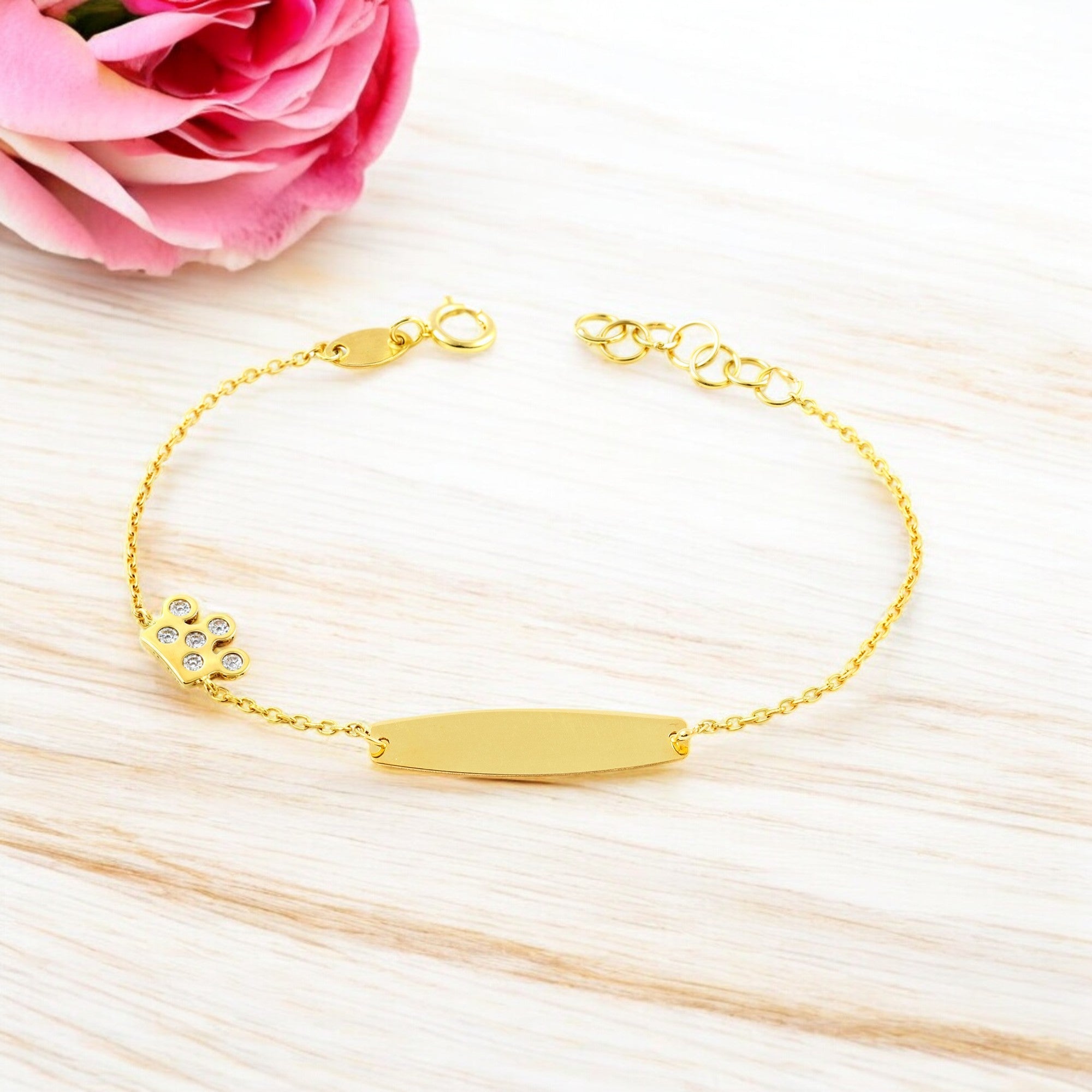 Pulsera Niña Oro Amarillo 9K Personalizada Esclava Corona Circonita Brillo 14 cm