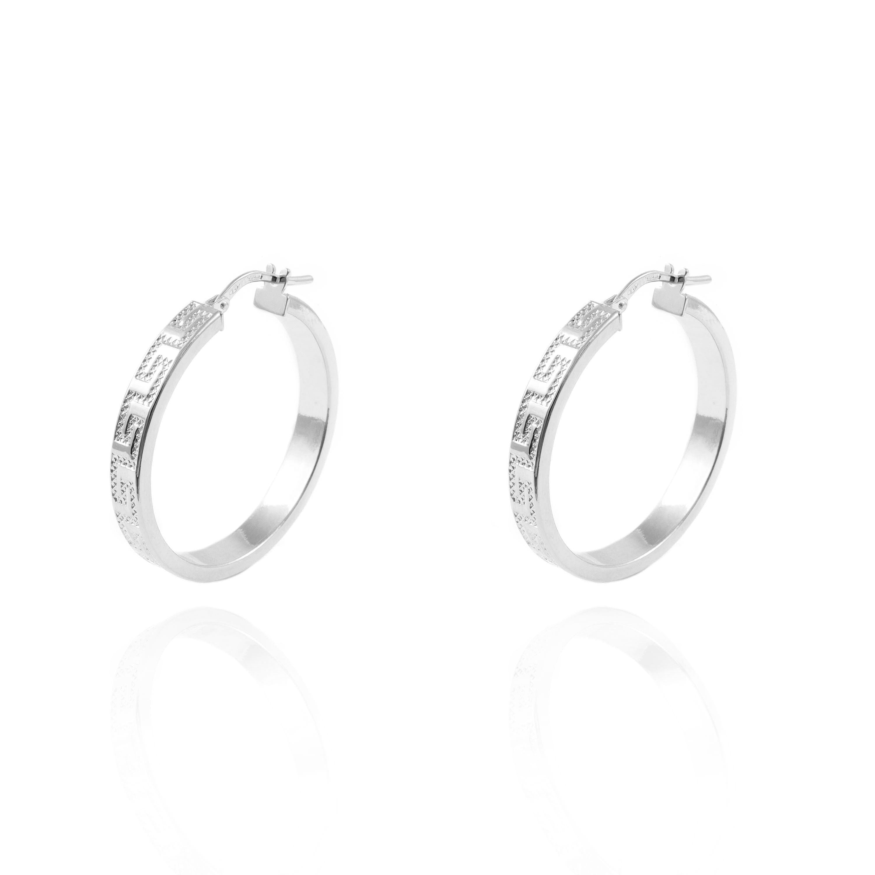 Pendientes Oro Blanco 18K Aros Rectangular Greca 28 x 4 mm