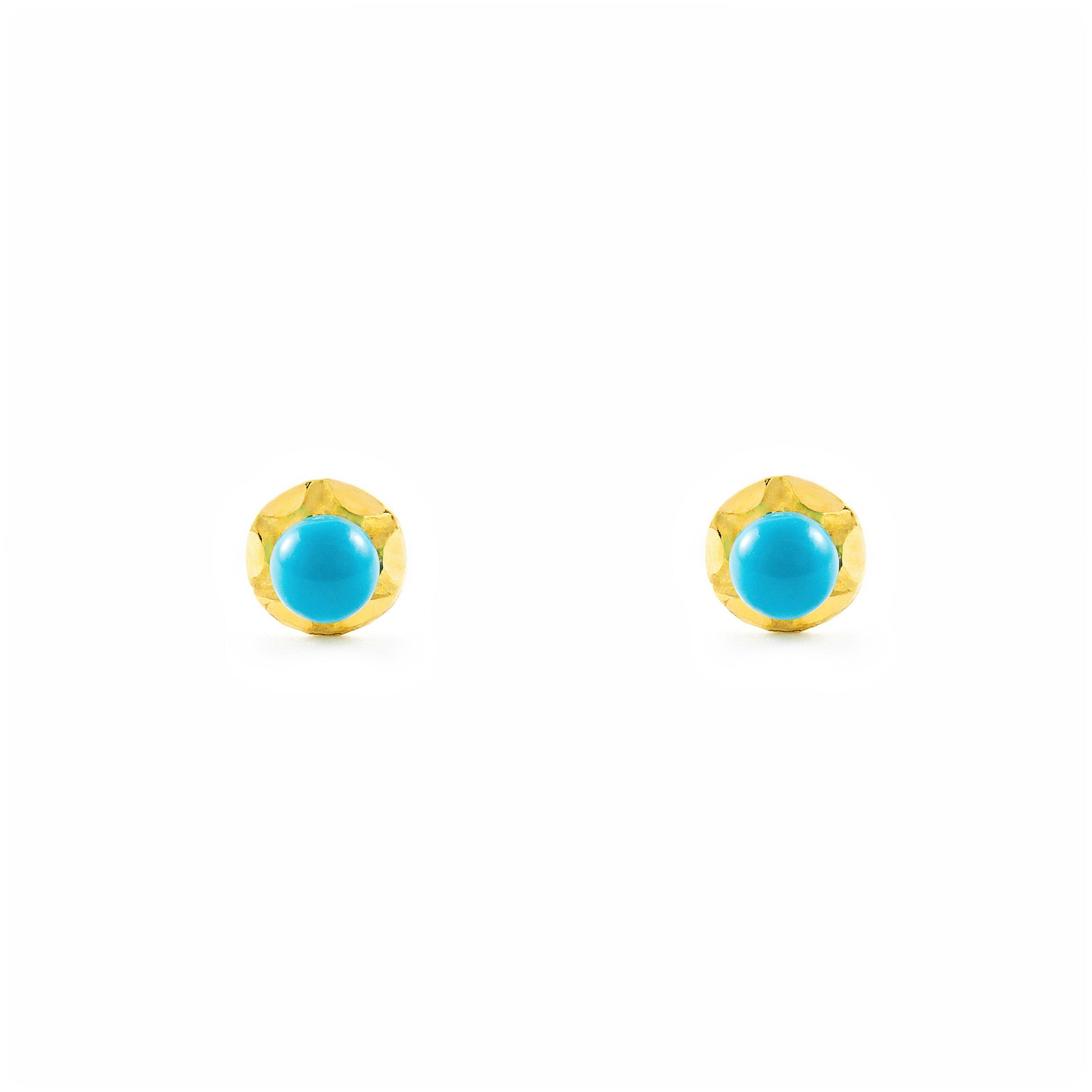 Pendientes Bebe Oro Amarillo 18K Orla Redondo Turquesa 3 mm Tallados