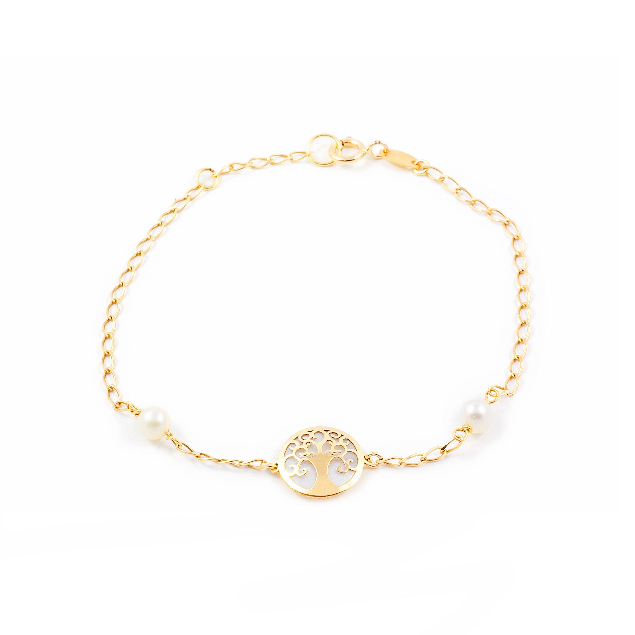 Pulsera Niña Oro Amarillo 9K Nacar Arbol de la vida Redonda 4 mm 16 cm