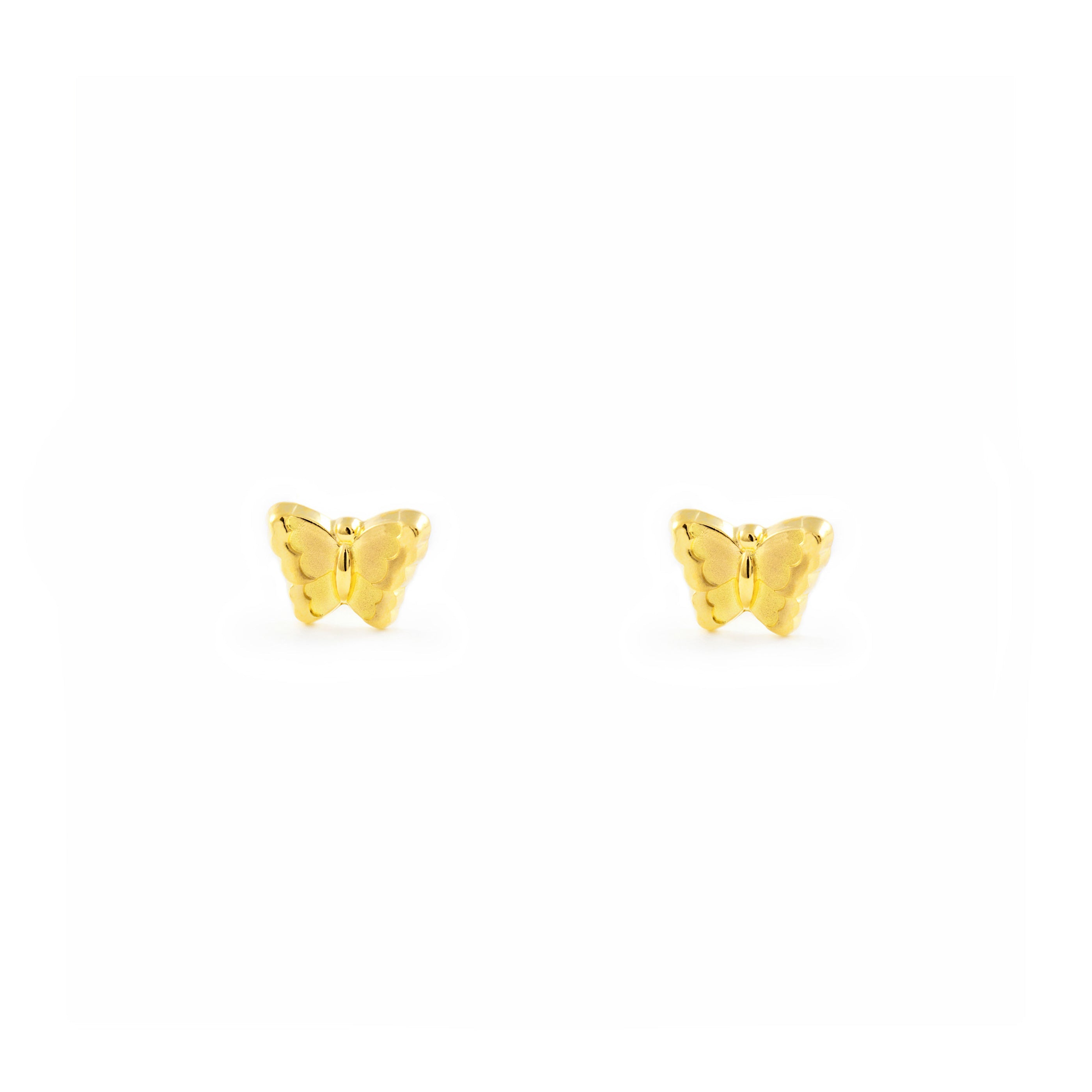 Pendientes Bebe Oro Amarillo 9K Mariposa Mate y Brillo