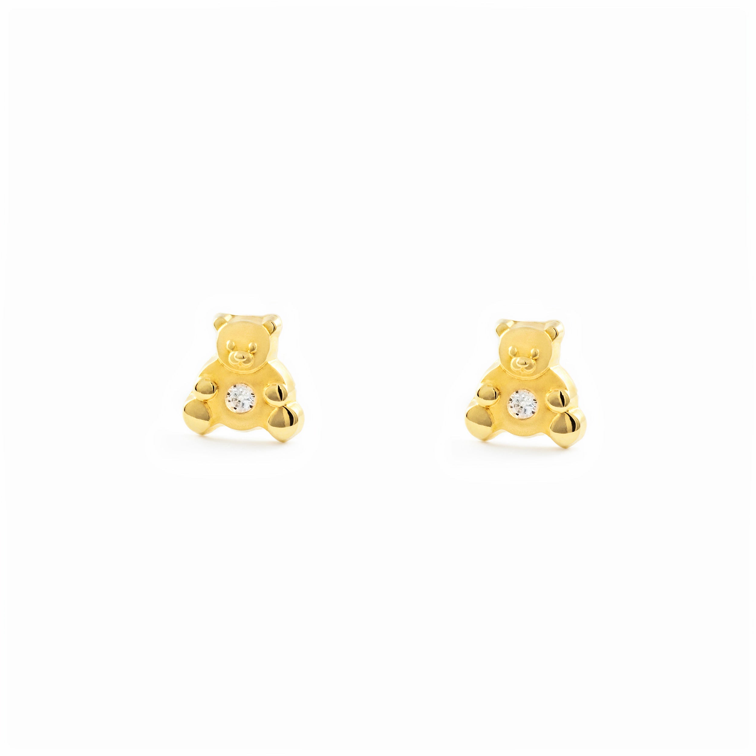 Pendientes Bebe-Niña Oro Amarillo 18K Oso Circonita Mate y Brillo