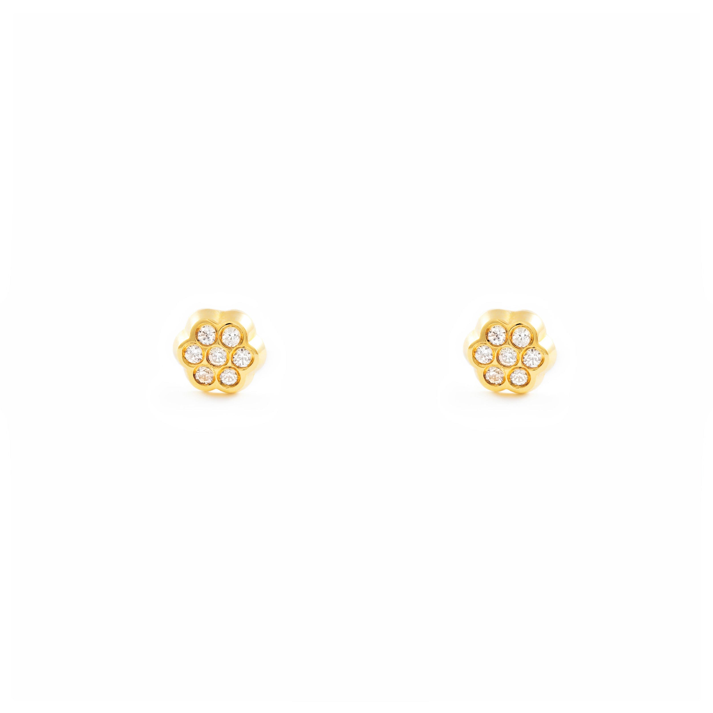 Pendientes Bebe Oro Amarillo 18K Flor Margarita Circonitas Brillo