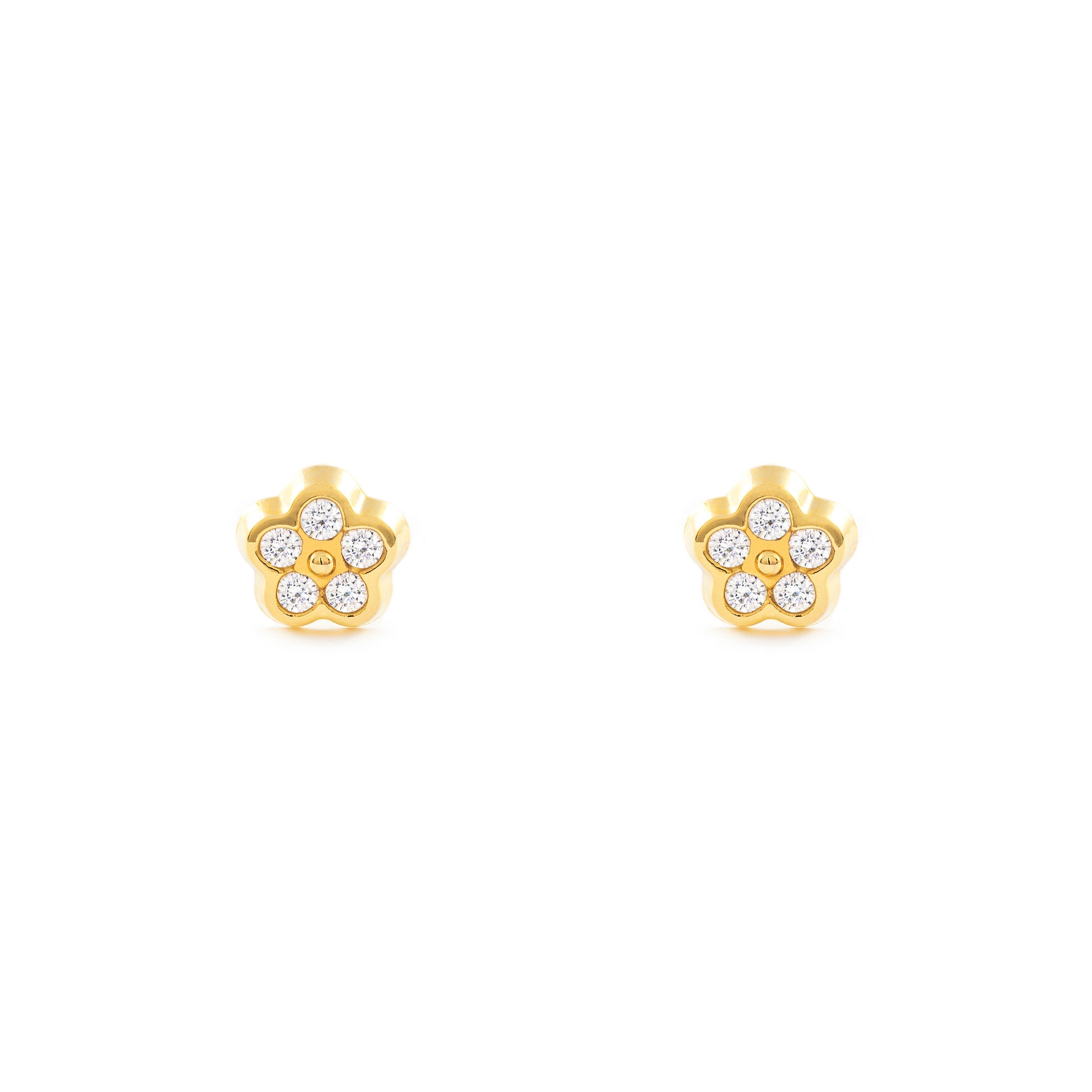 Pendientes Niña Oro Amarillo 18K Flor Margarita Circonitas Brillo