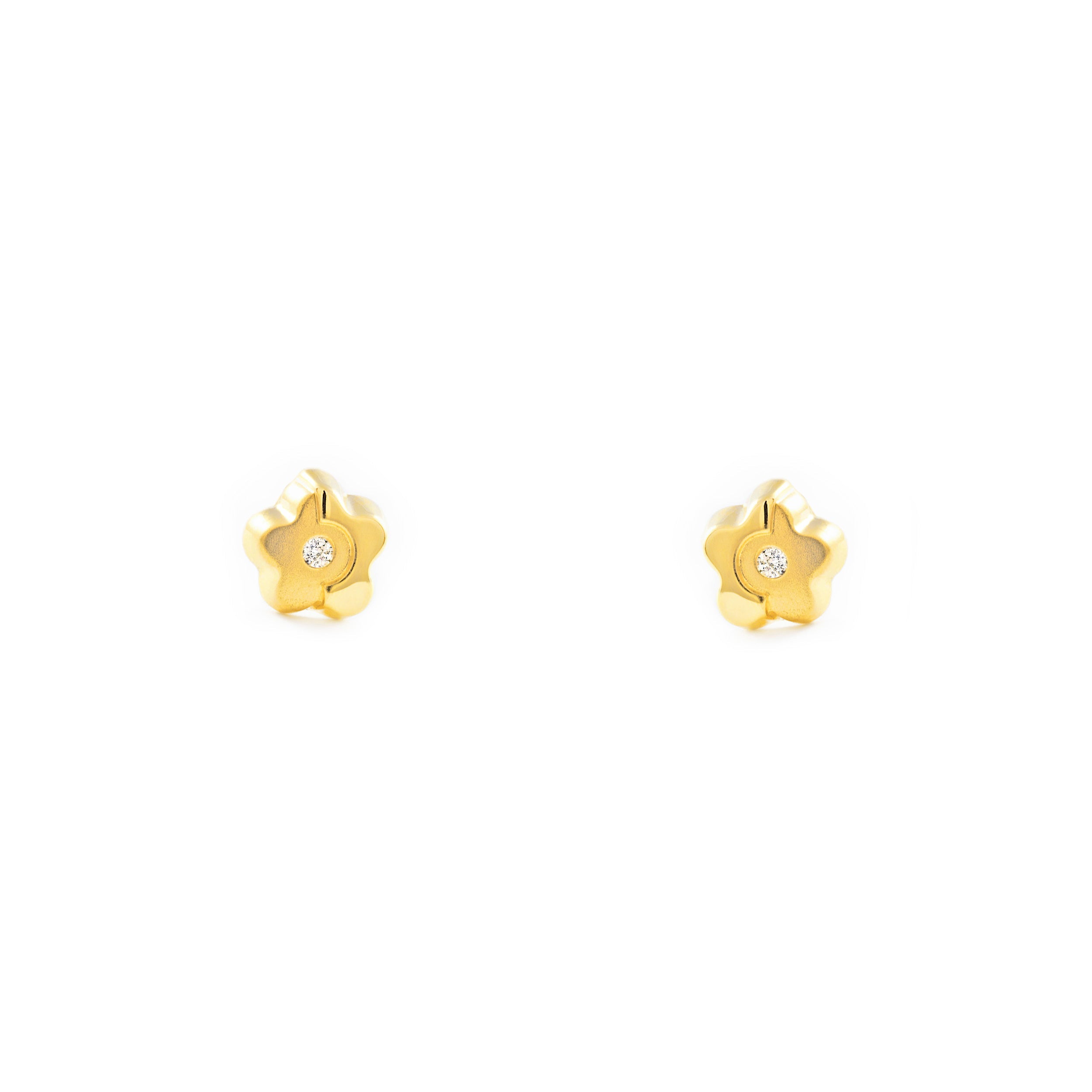 Pendientes Bebe Oro Amarillo 18K Flor Margarita Circonita Mate y Brillo