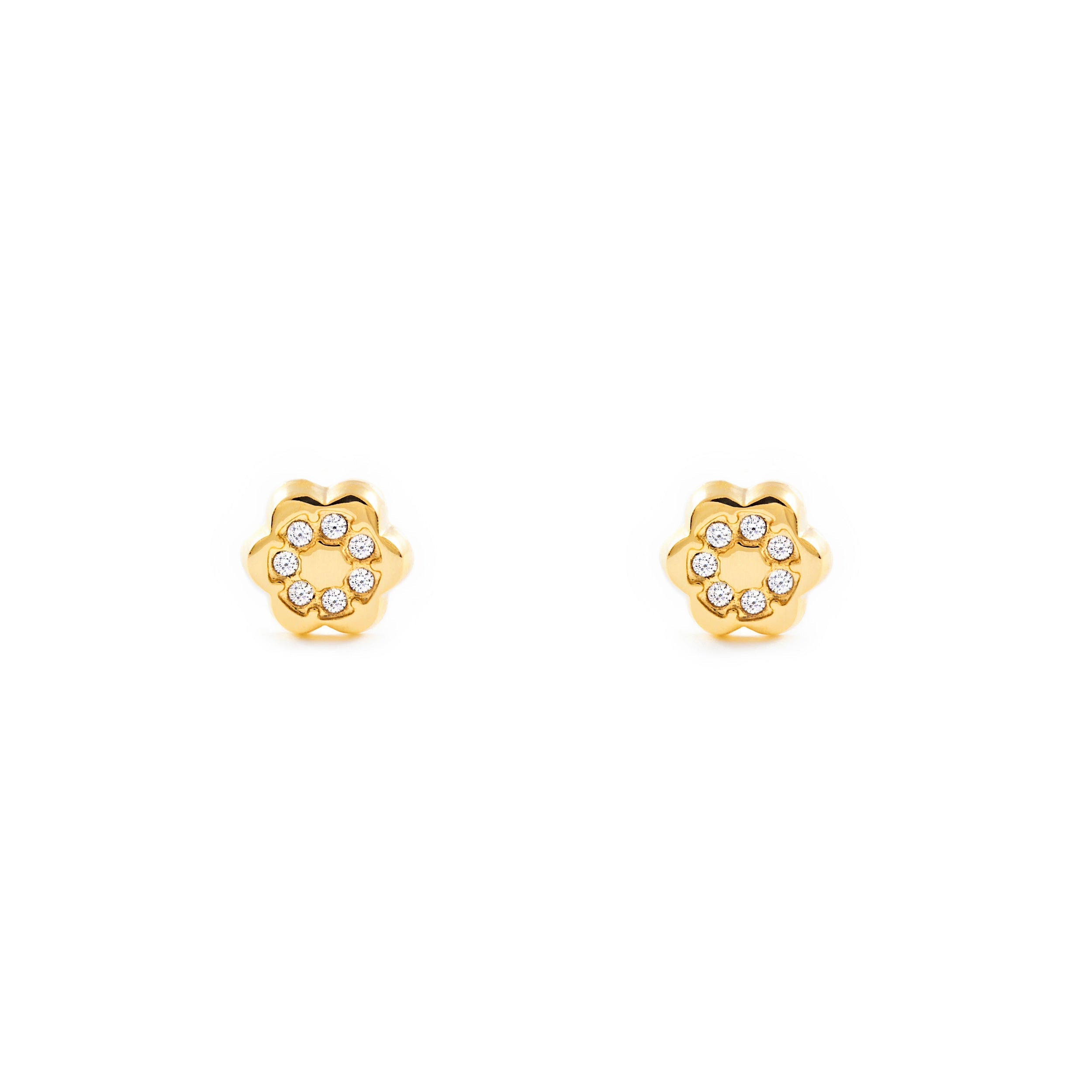 Pendientes Bebe-Niña Oro Amarillo 9K Flor Circonitas Brillo