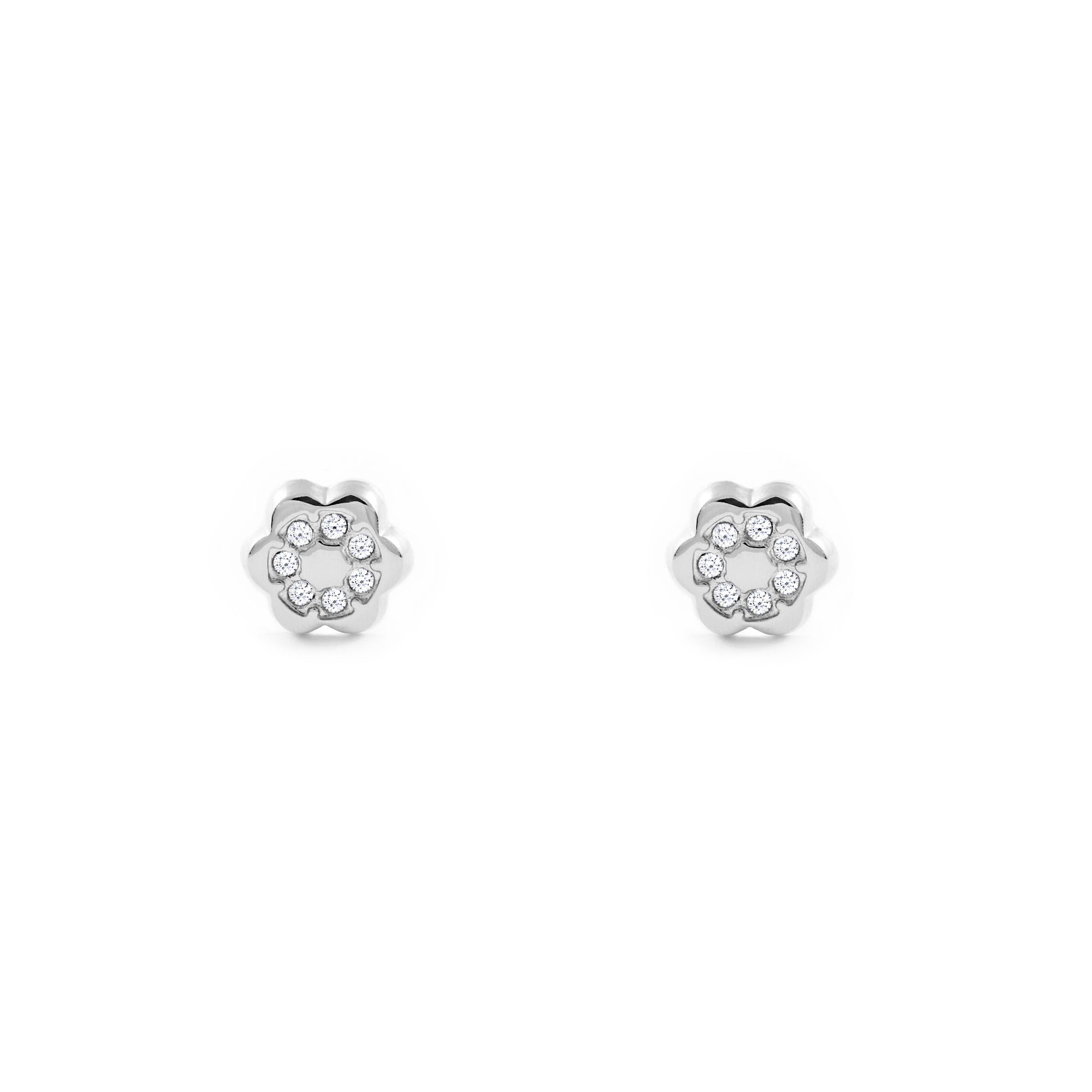 Pendientes Bebe-Niña Oro Blanco 9K Flor Circonitas Brillo