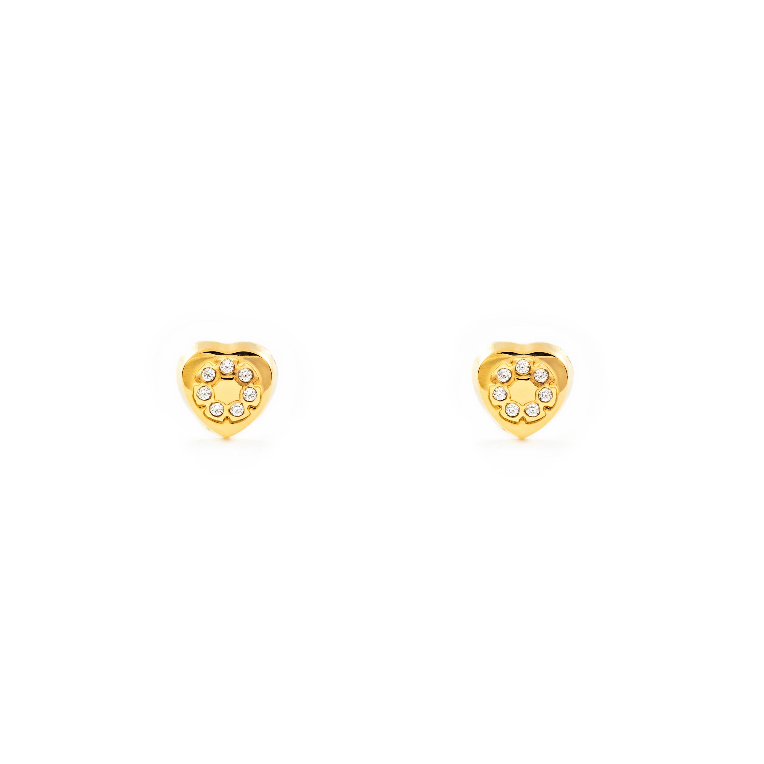Pendientes Bebe-Niña Oro Amarillo 9K Corazón Circonitas Brillo
