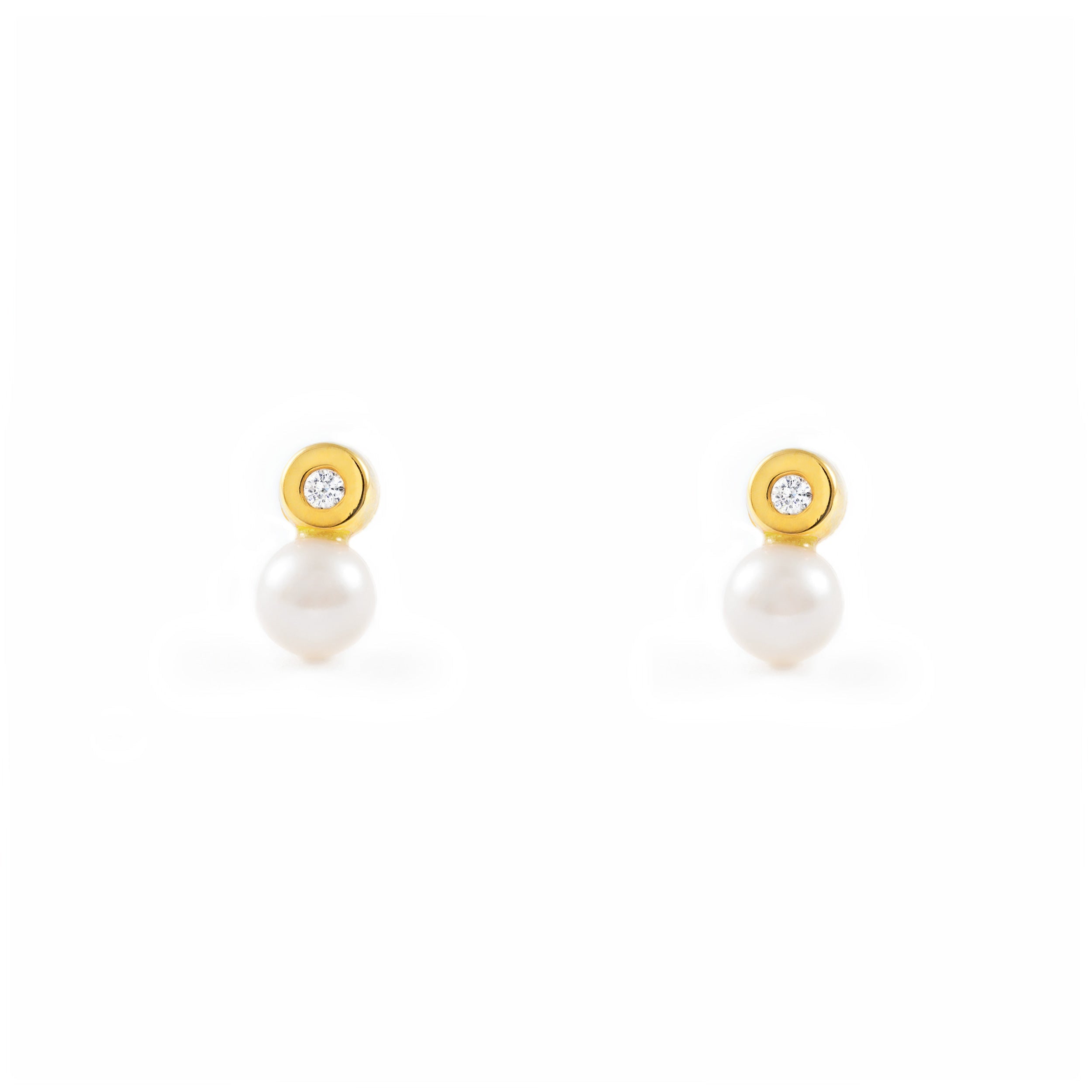 Pendientes Bebe Oro Amarillo 18K Tu y Yo Perla Redonda 4,5 mm Circonita Brillo