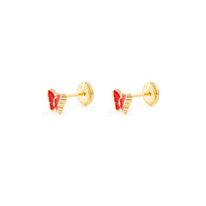 Pendientes Bebe o Niña Oro Mariposa Esmaltada Roja