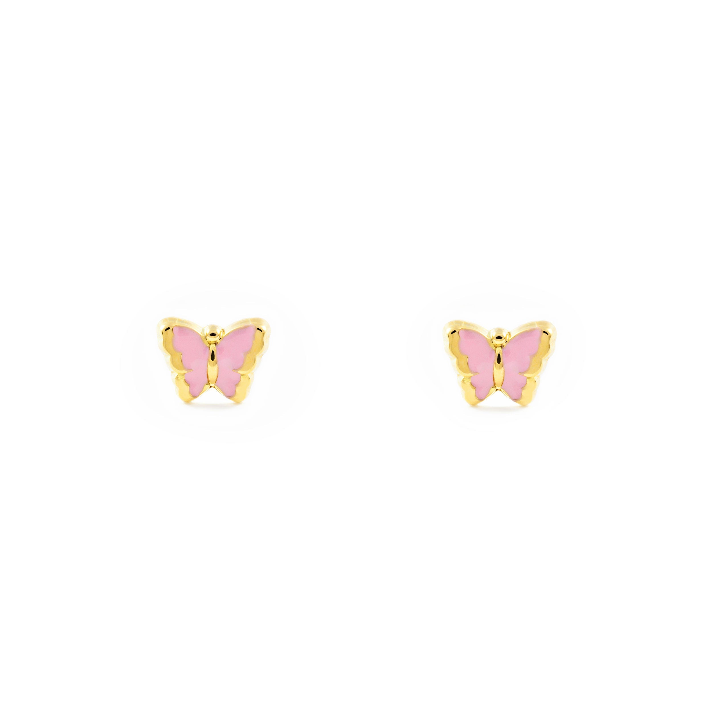 Pendientes Bebe-Niña Oro Amarillo 18K Mariposa Esmalte Rosa Claro Brillo