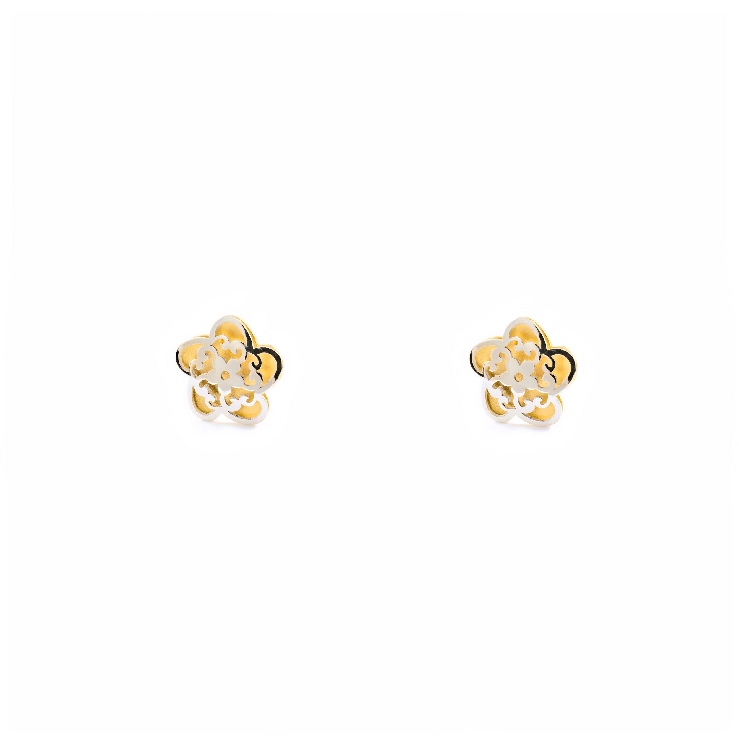 Pendientes Bebe-Niña Oro Bicolor 9K Liso Flor Mate y Brillo