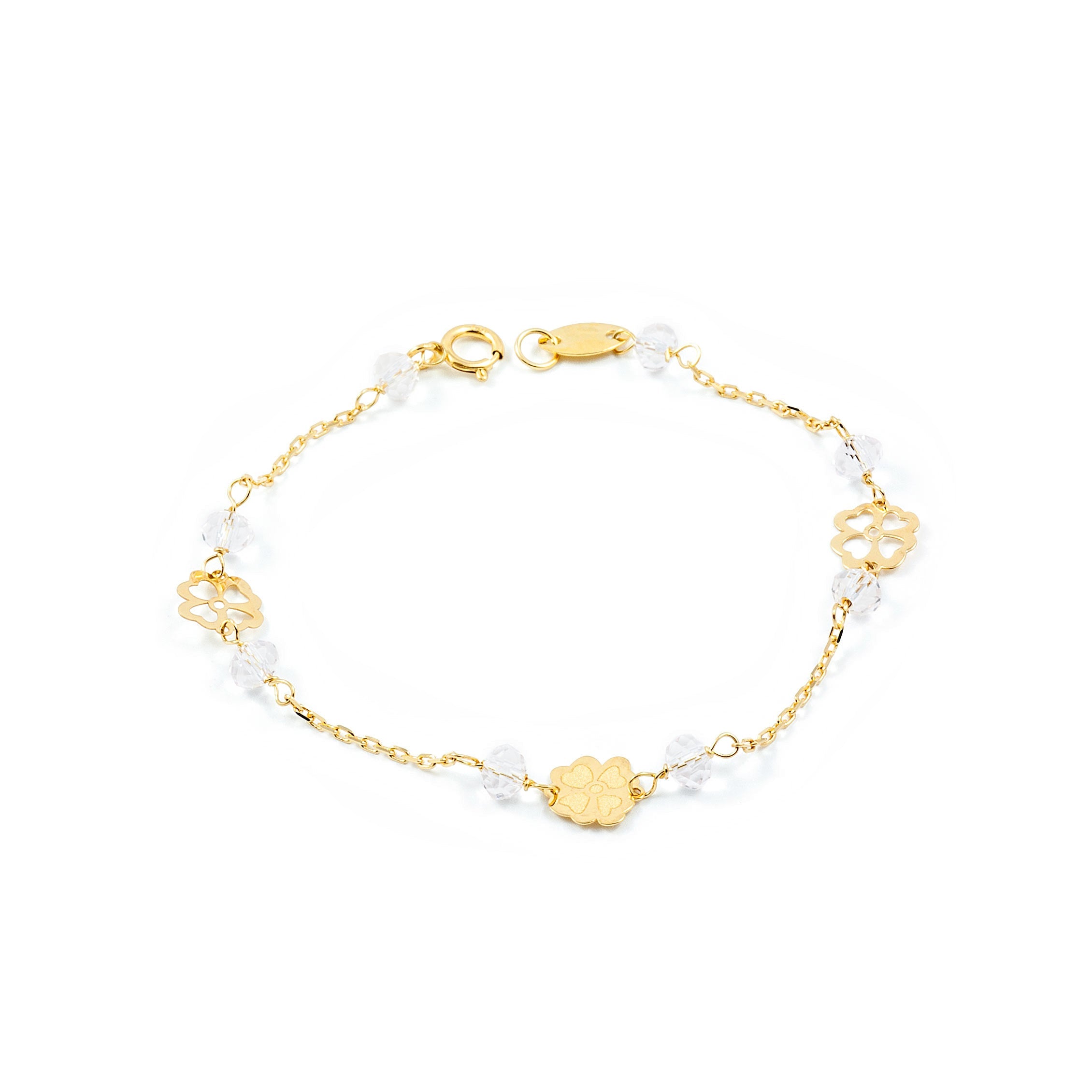 Pulsera Niña Oro Amarillo 18K Flores Rosa Mate y Brillo 13 cm