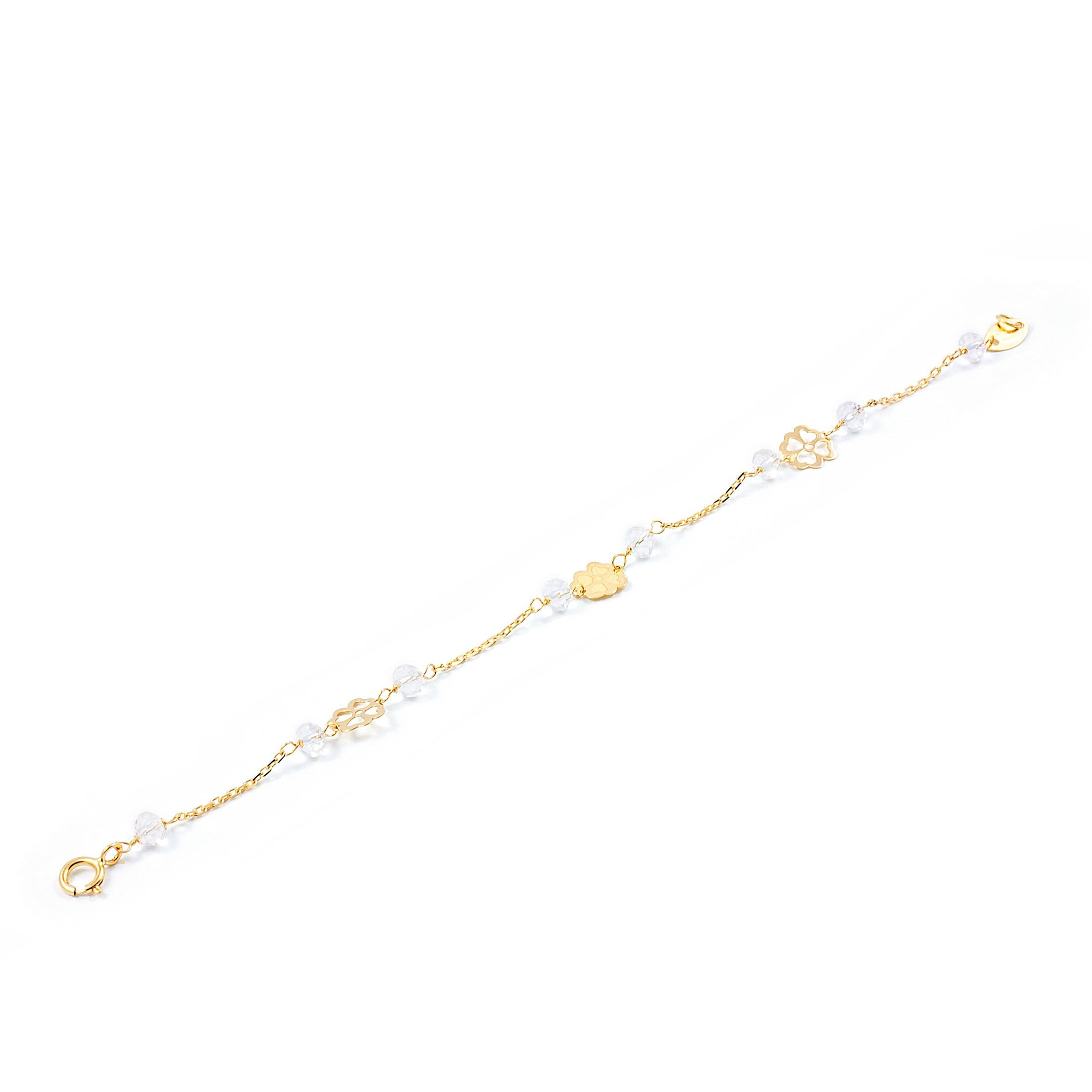 Pulsera Niña Oro Amarillo 18K Flores Rosa Mate y Brillo 13 cm